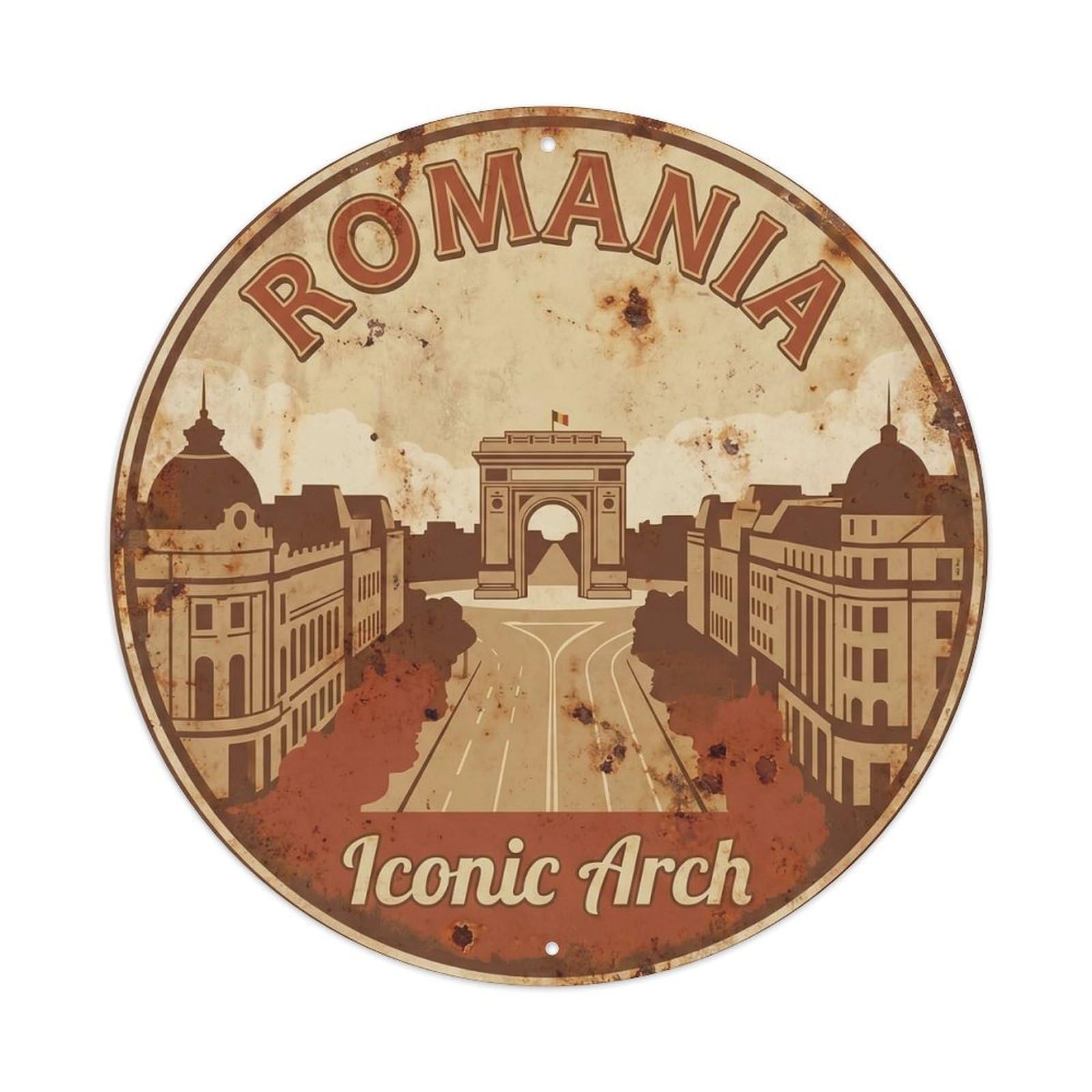 Romania Landmark Triumph Iconic City Europe Classic Destination Metal Tin Sign Plaque Wall Decor for Cafe, Man Cave, Club Bar, Office, Home Garden Round Metal Poster 8x8Inch