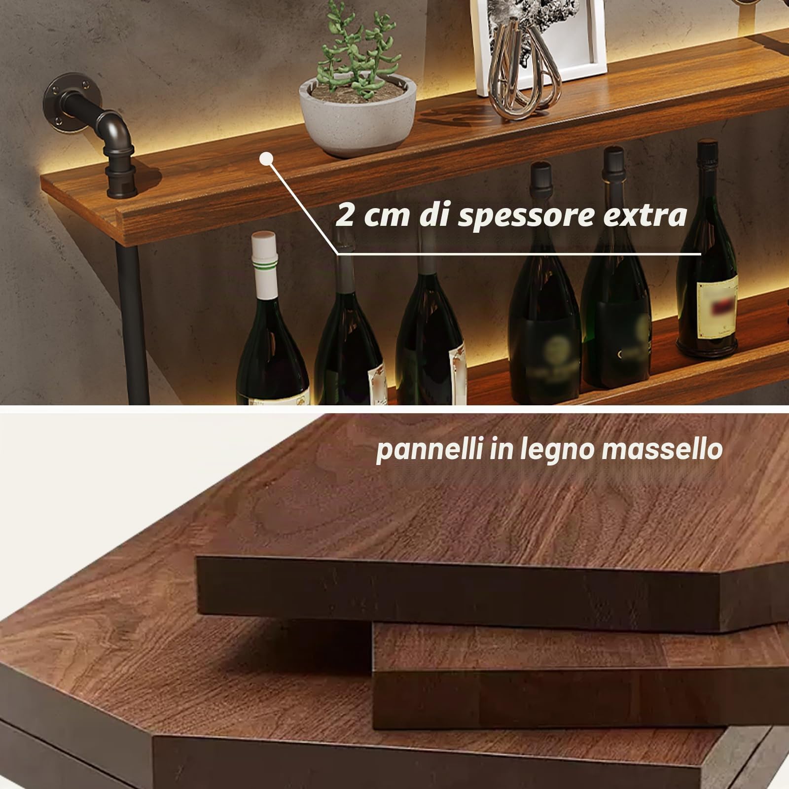 Portabottiglie Vino da Parete in Legno Massello, Porta Bottiglie di Vino con Luci LED, Industriale Scaffale Portabottiglie da Parete Conportabicchieri, per Cucina, Bar, Cantinetta, Sala (130 cm)