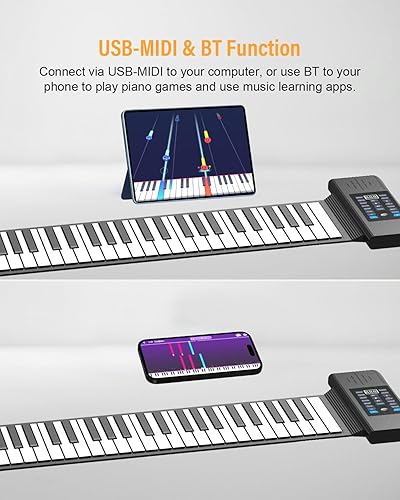 Vista 5 de KONIX Piano enrollable de 88 teclas, teclado portátil recargable mejorado, 128 ritmos, 128 tonos, teclado desplegable con pantalla LED, función