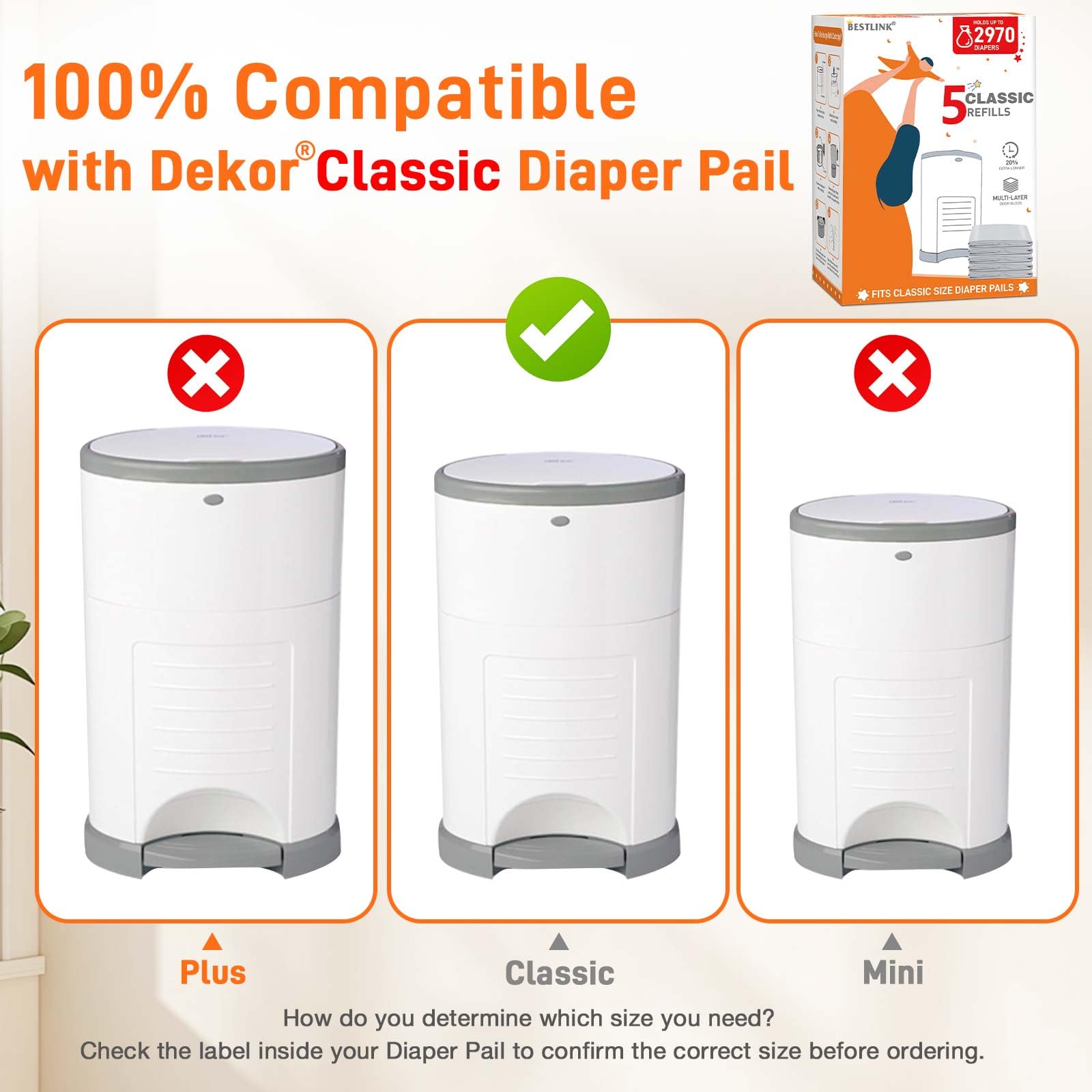 Paquete de 5 recambios compatibles con cubos de pañales DEKOR CLASSIC | 20 % de longitud extra para bolsas de repuesto para 2970 pañales | Máximo control de olores con aroma a bebé