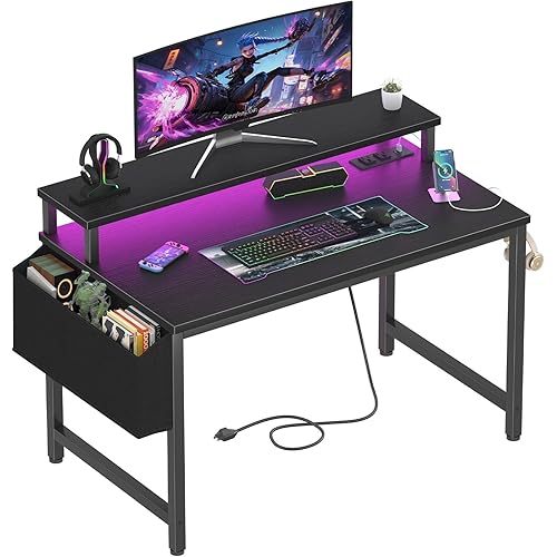 Lufeiya Small Desk with Power Outlets and LED Lights, 32 Inch Teen Writing Study Table Home Office Computer Desks with Monitor Stand, Gaming Desk with Charging Station, Black