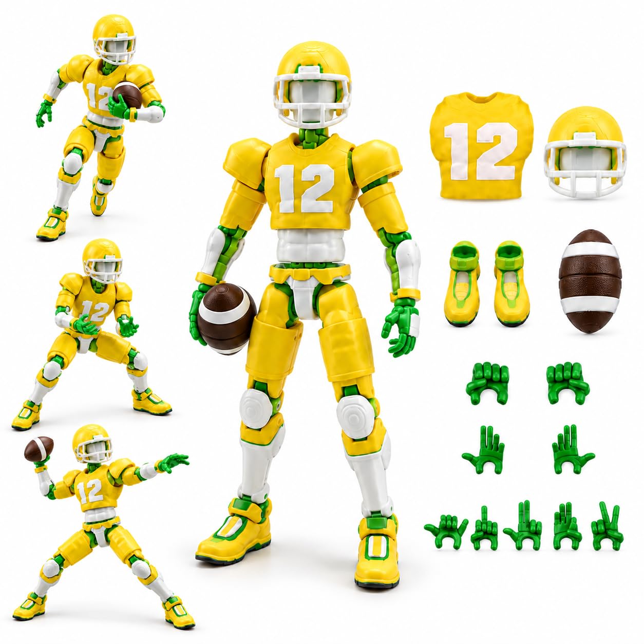 Libobexin T13 American Football Action Figure, 8.7-Inch (22 cm) Fully Articulated Poseable Sports Figure with Football, No. 12 Yellow Uniform, Helmet, Shoes and Interchangeable Hands