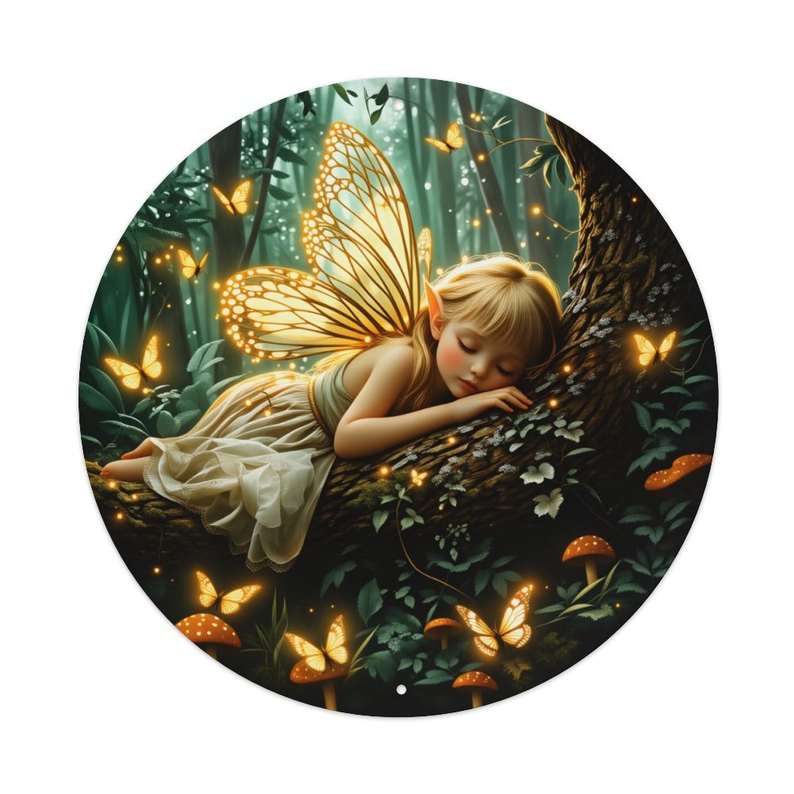 Fairy Sleeping In Forest With Glowing Butterflies And Mushrooms Round Vintage Tin Sign,Retro Wall Art,Metal Poster for Home, Bar, Garage, Cafe, Rustic Indoor & Outdoor Decor, 8x8 Inches