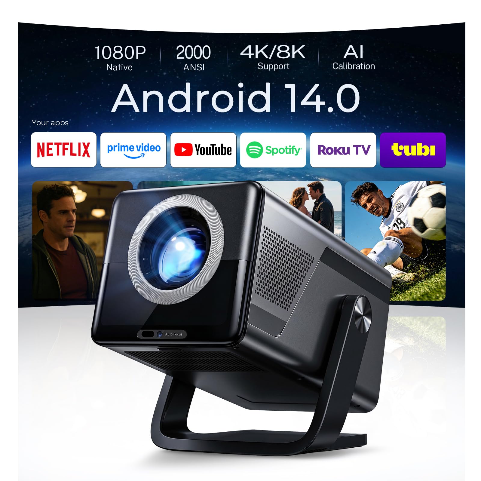 [2000 ANSI Daylight Visible] Native 1080P Smart Video Projector 4K 8K Input, Android 14 Projecteur Portatif with HiFi Sound, Auto Focus & Keystone, WiFi Bluetooth Home Theater for iPhone/Netflix X7