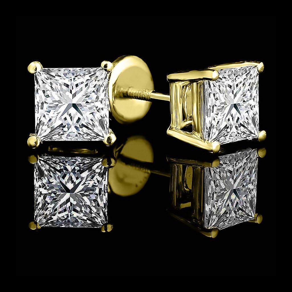 Princess cut Diamond stud Screw Back 14K Yellow Gold (0.06ct, Clarity-I3)