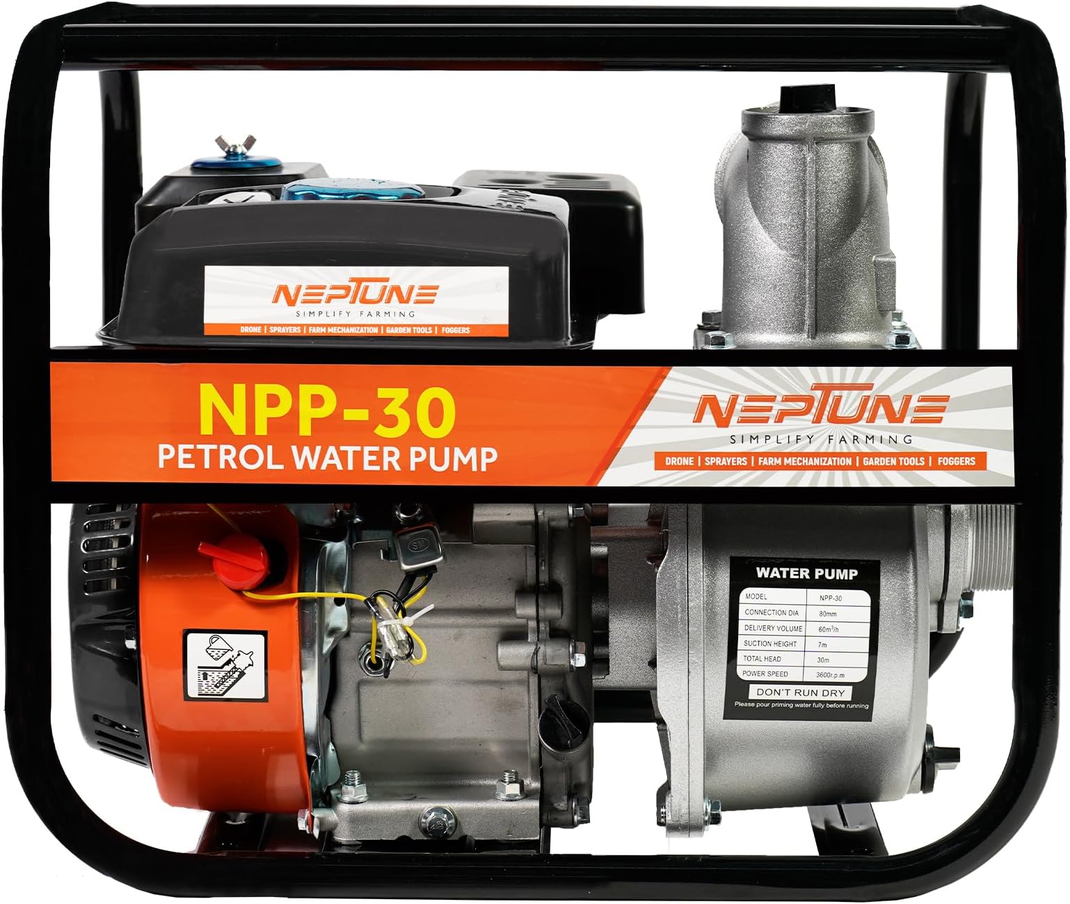 WP-30 Water Pump | 6.5 HP,4 Stroke Advanced Technology 196 CC Petrol Engine 3600RPM | Ideal for Agricultural, Farming, Irrigation, Draining Construction, Cleaning And Gardning