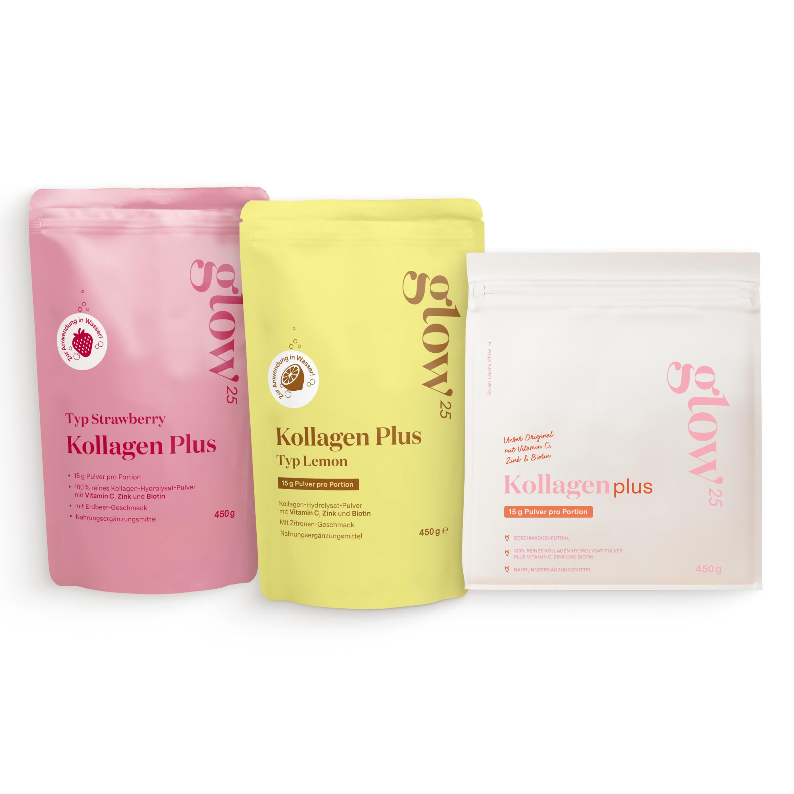Glow25® Collagen Plus Trio Set [3x 450g] – Kollagen Hydrolysat mit Vitamin C, Zink und Biotin – Neutral, Zitrone & Erdbeere – Peptide Typ 1 und 3