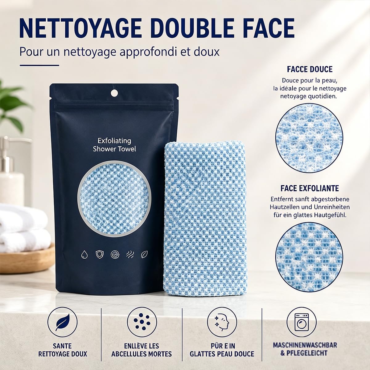 Serviette De Douche Exfoliante Ecovia, Exfoliation Douce, Serviette Exfoliante Douche, Homme Femme, Douce Corps et Visage, Pour Les Voyages Et Les Soins Corporels Quotidiens (Noir+rose+bleu)