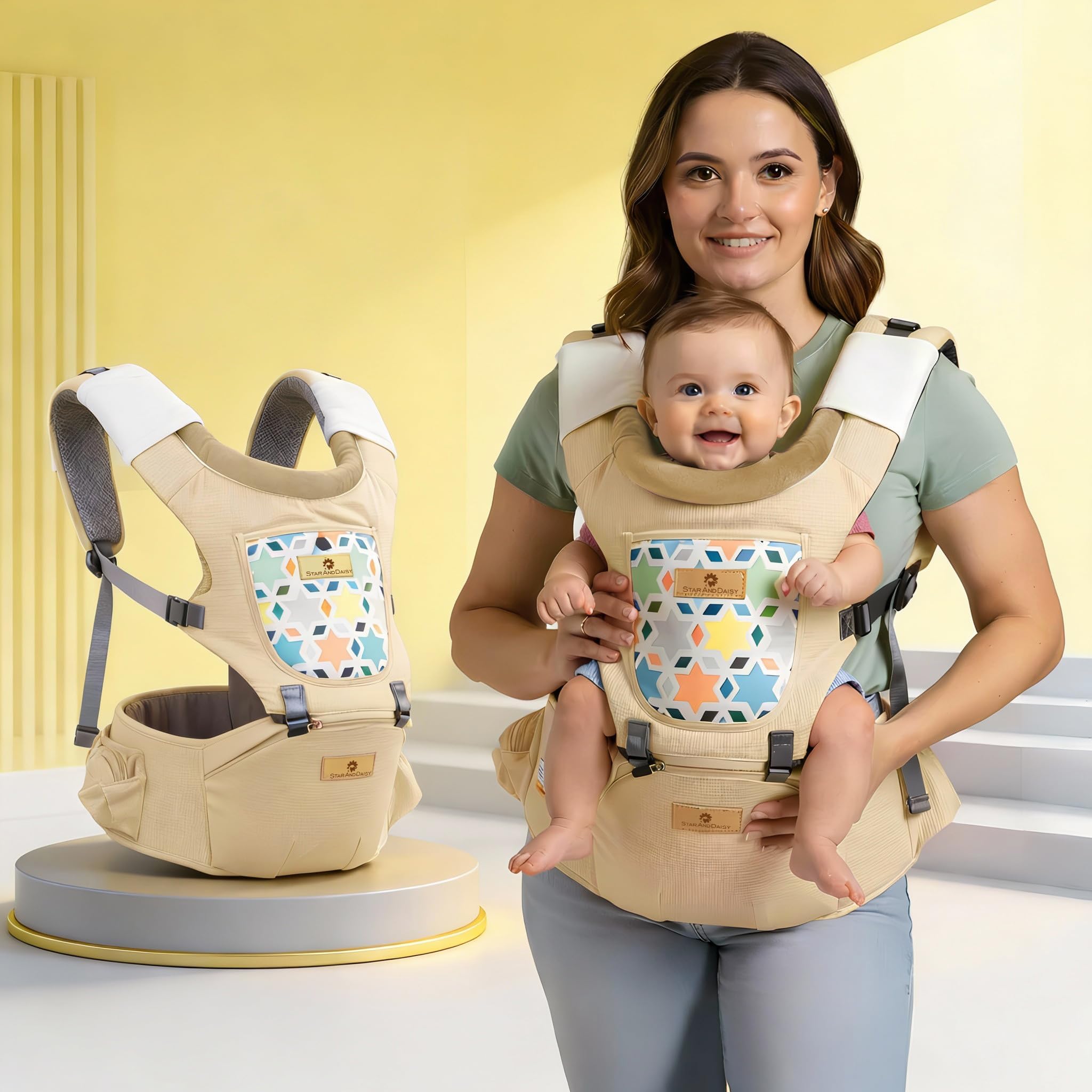 StarAndDaisy 4-in-1 Baby Carrier for 0 to 3 Year Baby/Kangaroo Bag with Comfortable Soft Hip Seat/Baby Carrier - 2 Storage Pockets, 4 Carrying Positions (Beige)-image-29