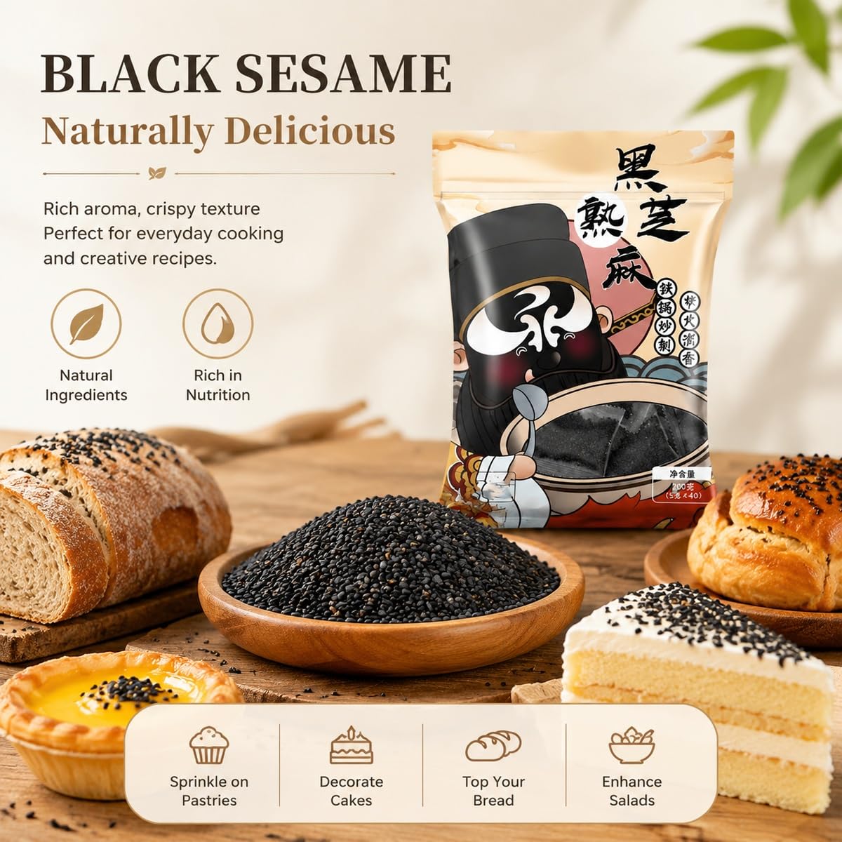 Semillas de Sésamo Negro Tostado Puro 200g - 40 Bolsitas Individuales | Condimento listo para comer. Porciones en sobre, crujiente para ramen, ensaladas, bento y guarniciones.(3pcs)