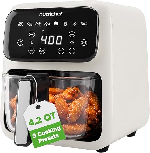 4.2QT Glass Air Fryer | 9-in-1 Preset Cook Modes | Glass Fry Bowl for Best CookingResults | Cook Steak, Chicken, Fish, Veggies, Fries & More | Temperature & Timer Control | White