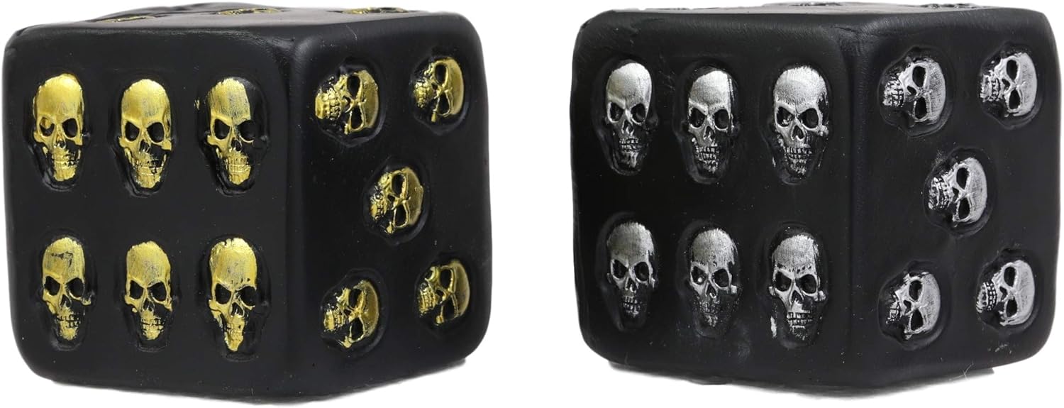 Ebros Oversized Large Decorative 2.25"High Cube Silver And Gold Skull Face Gaming Dice Set of 2 In Matte Black Finish As Ossuary Macabre Spooky Halloween Decor Sculpture Of Graveyard Skulls Skeletons