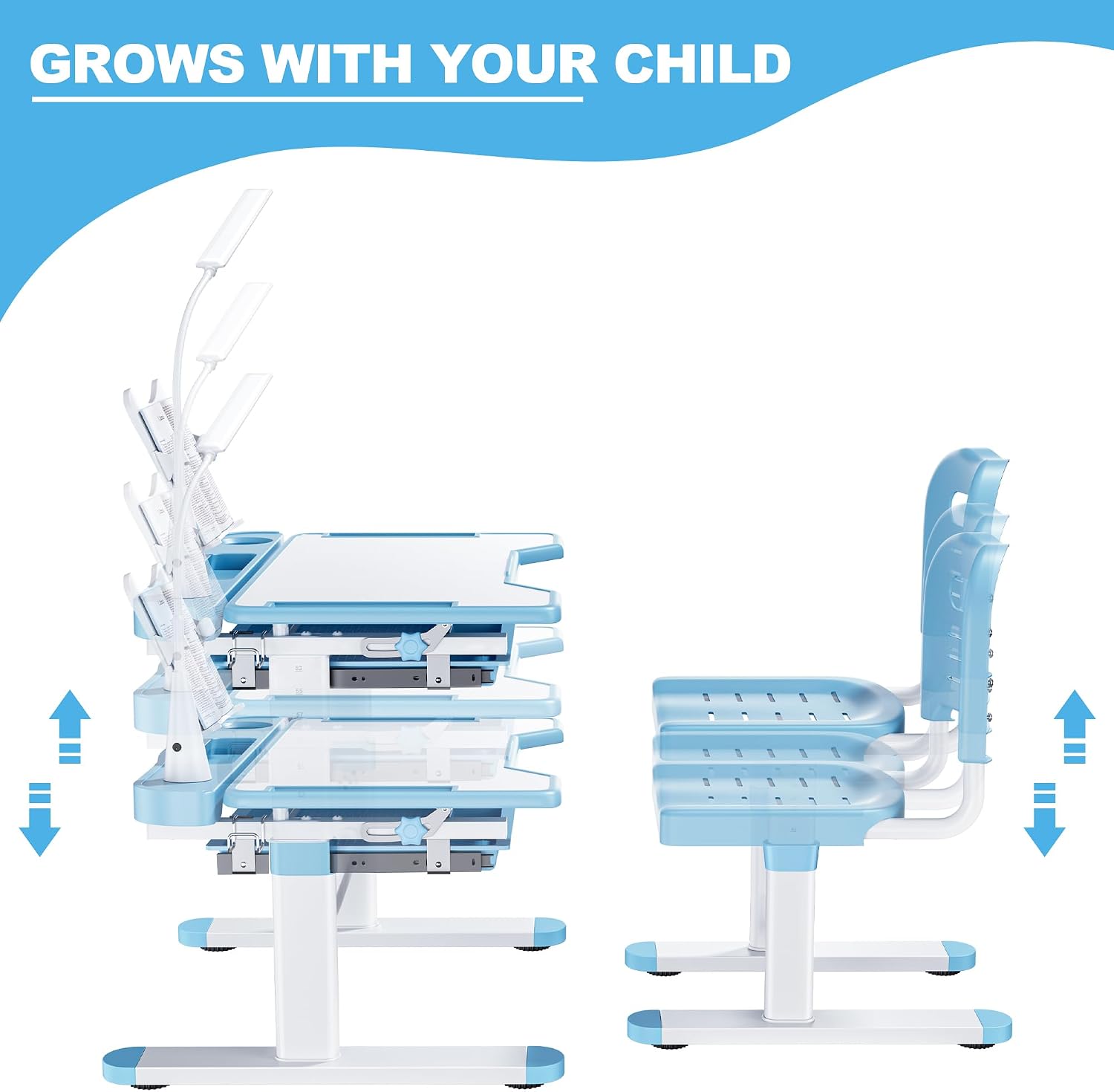 Image illustrating the height adjustment mechanism for both the desk and chair, showing how they can be raised and lowered.