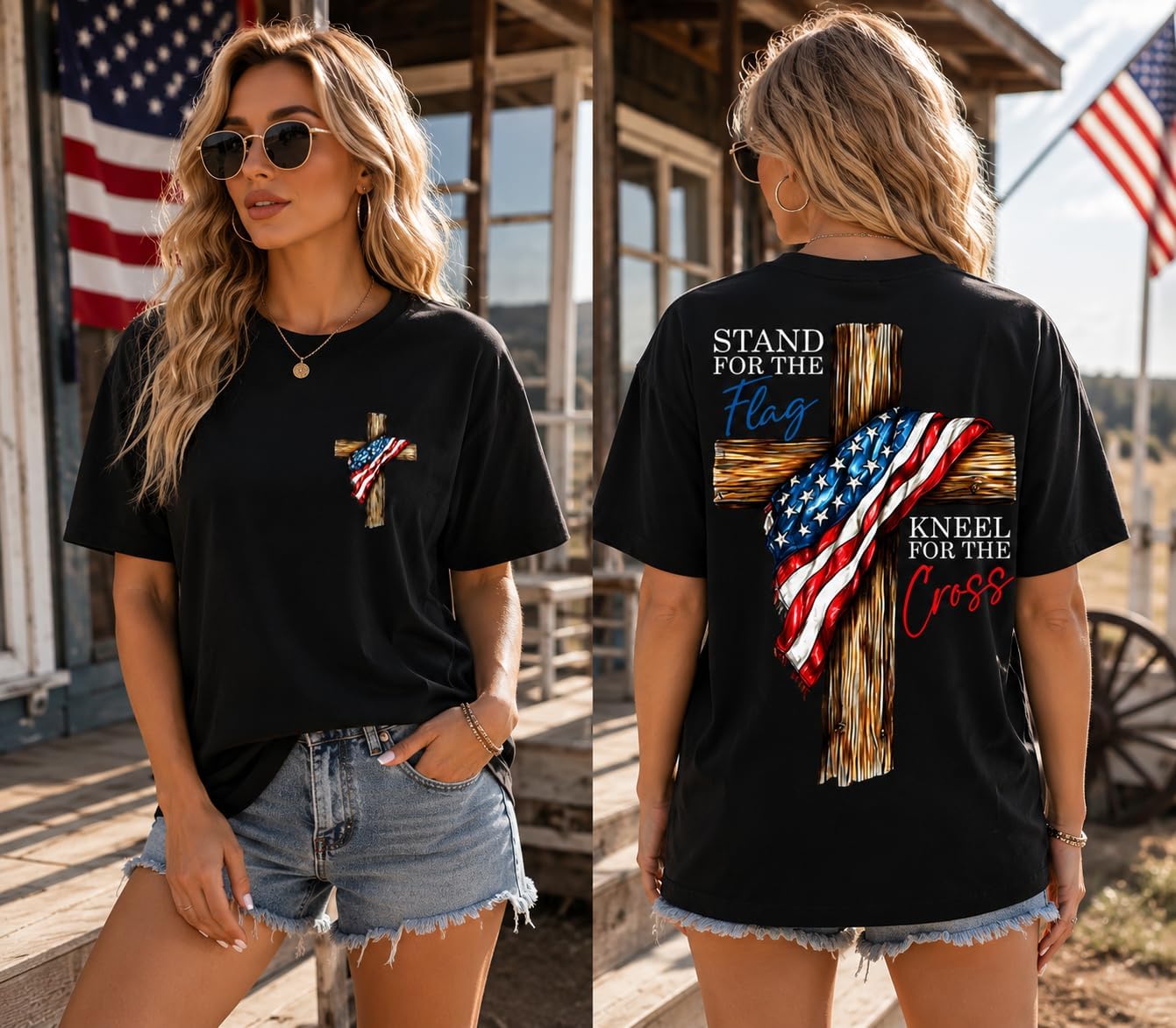 Faith Shirts for Men Women, Stand for The Flag Kneel for The Cross Shirt, Patriotic Christian Graphic Jesus T-Shirt