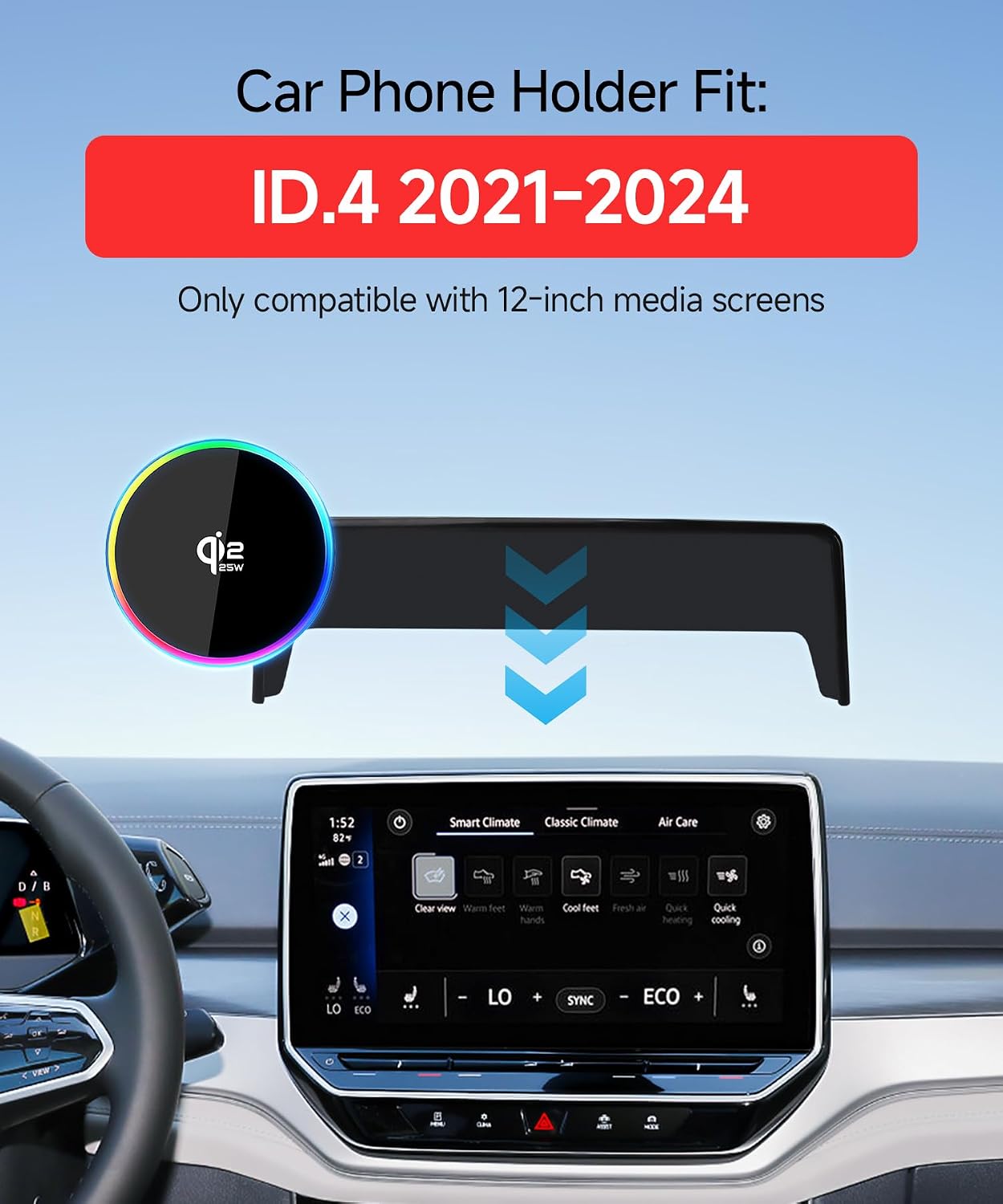 Qi2.2 Max 25W Fast Wireless Car Charger Phone Holder for 2021-2024 Volkswagen ID.4 / VW ID4 12-Inch Screen, Magnetic Phone Mount Compatible with MagSafe