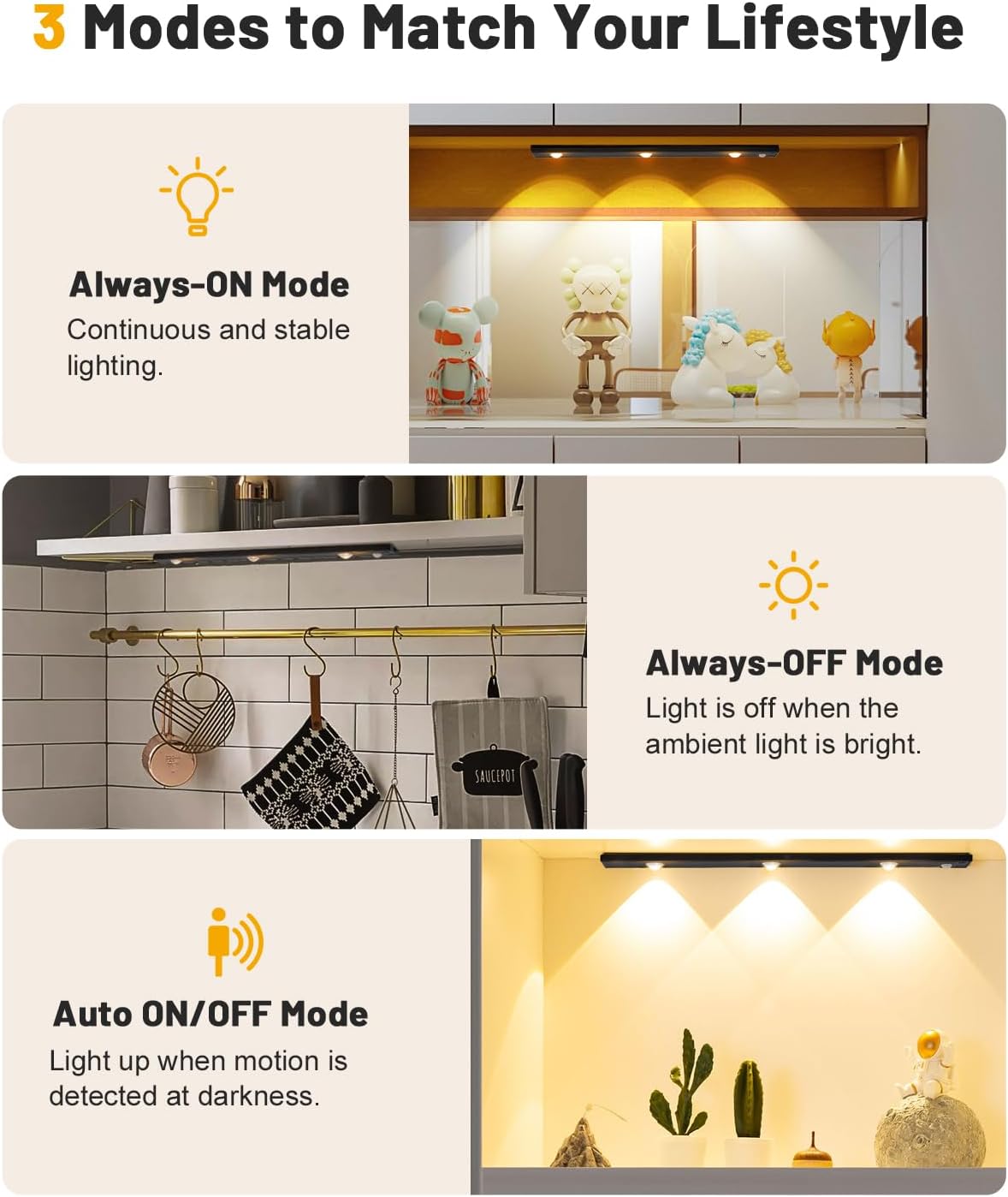 Pak Under Cabinet Lights, Rechargeable Motion Sensor Light Indoor, Wireless and 3-Color Dimmable with Cat’s Eye Hill Effect, for Display Cabinets, Showcases, Wine Racks, 2 Pack, Black