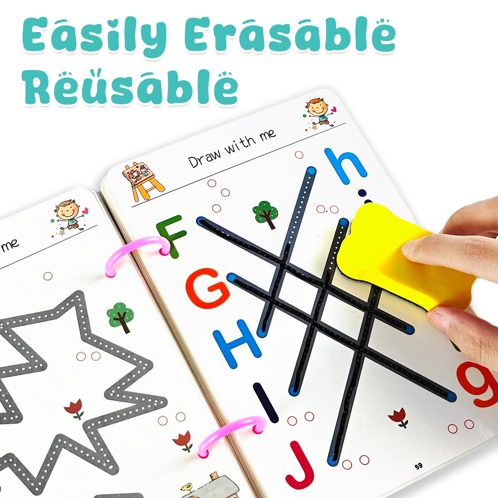 Scribble Smart Workbook Libro per Imparare a Scrivere Cancellabile Pregrafismo Riutilizzabile Prescolare Attività Bambini 3-6 Livello 1+4