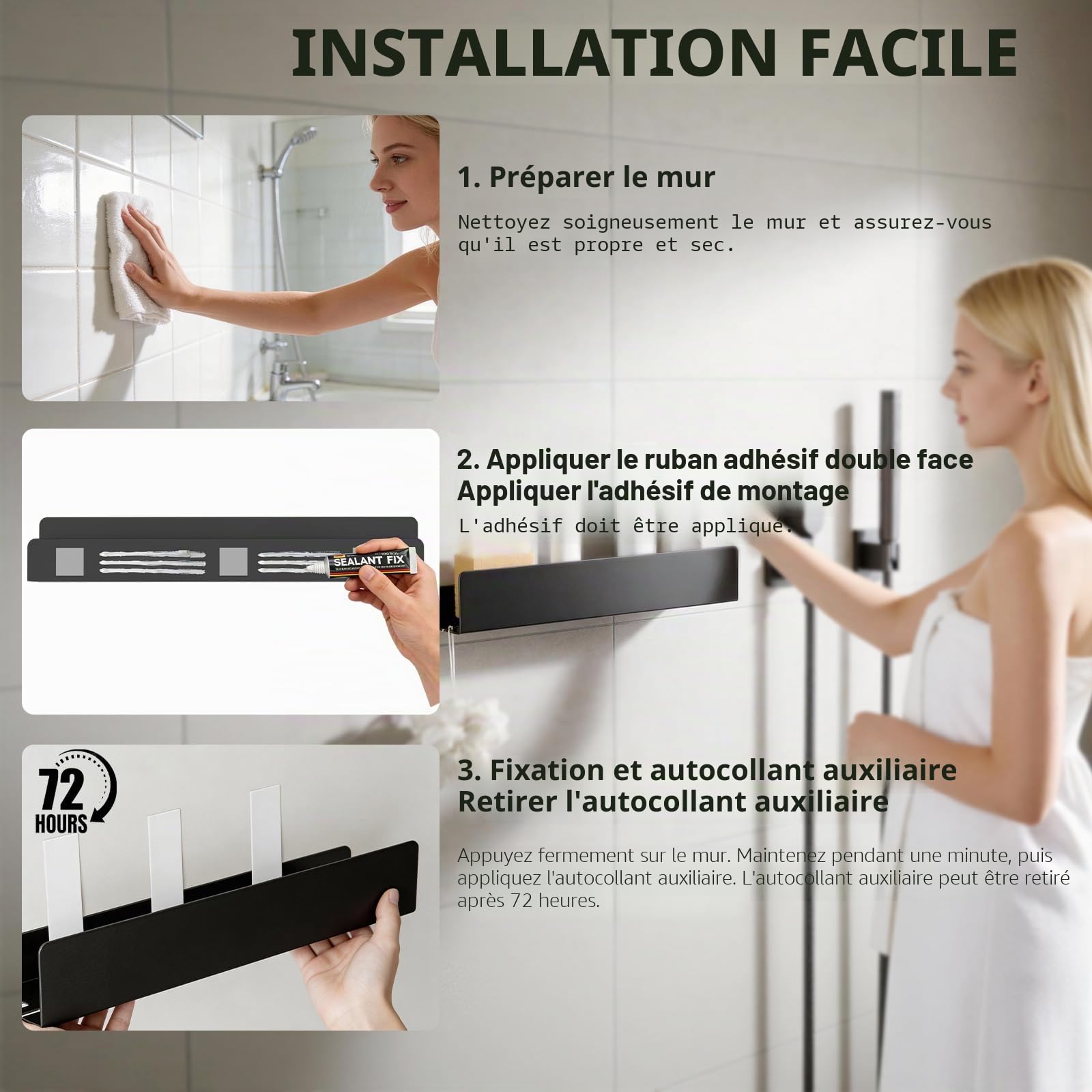 REKITA Étagère de douche sans perçage, 40 cm, en acier inoxydable avec 4 crochets amovibles, support de douche mural adhésif, étagère de bain antirouille pour salle de bain, cuisine, salon