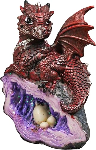Miniatura 1 de Ebros Gift Fantasía dragón rojo sobre cristal fósil volcánico púrpura imitación geoda con huevos figura 4.75 pulgadas de alto fantasía mítica