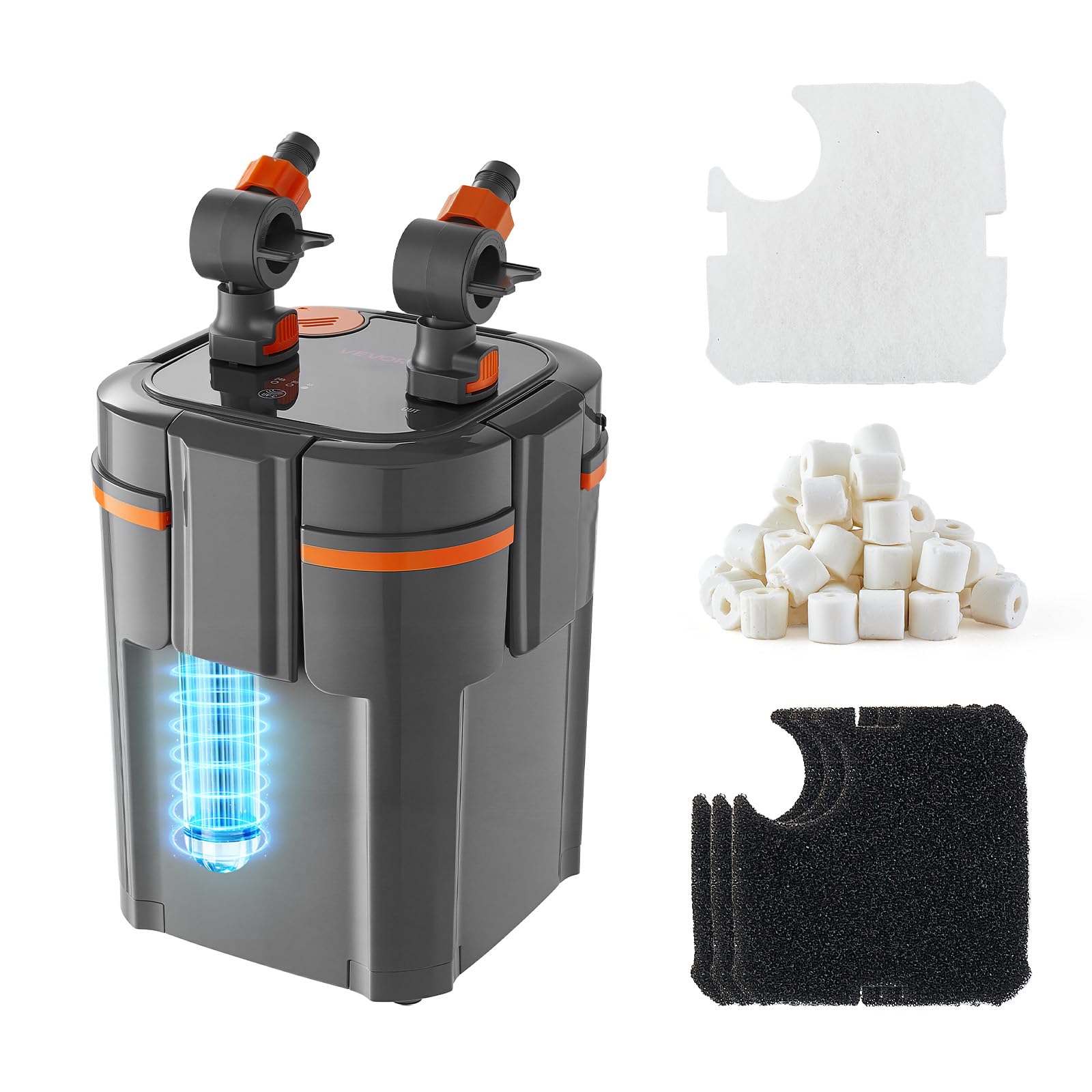 VEVOR 224.5GPH Canister Filter, 2-Stage External Aquarium Filter with Timed Light, Powerful Pump, Water Circulation Cleaning with Media for Large Fish