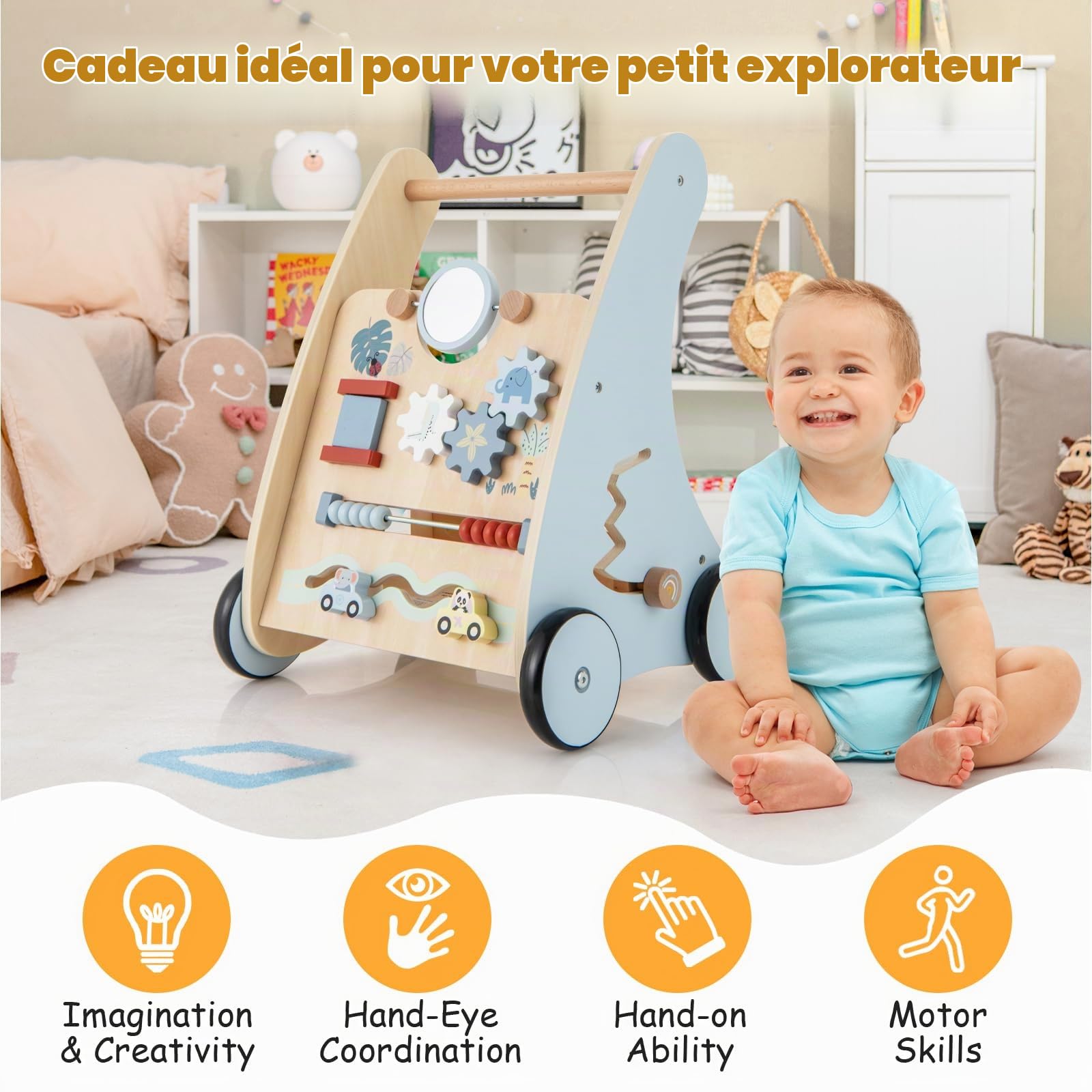 LIFEZEAL Chariot de Marche Bois pour Bébé, Trotteur Bebe Evolutif avec Rangement, Centre d'Activités à 4 Roues, Jouets s’amuser, Baby Walker 2+ ans