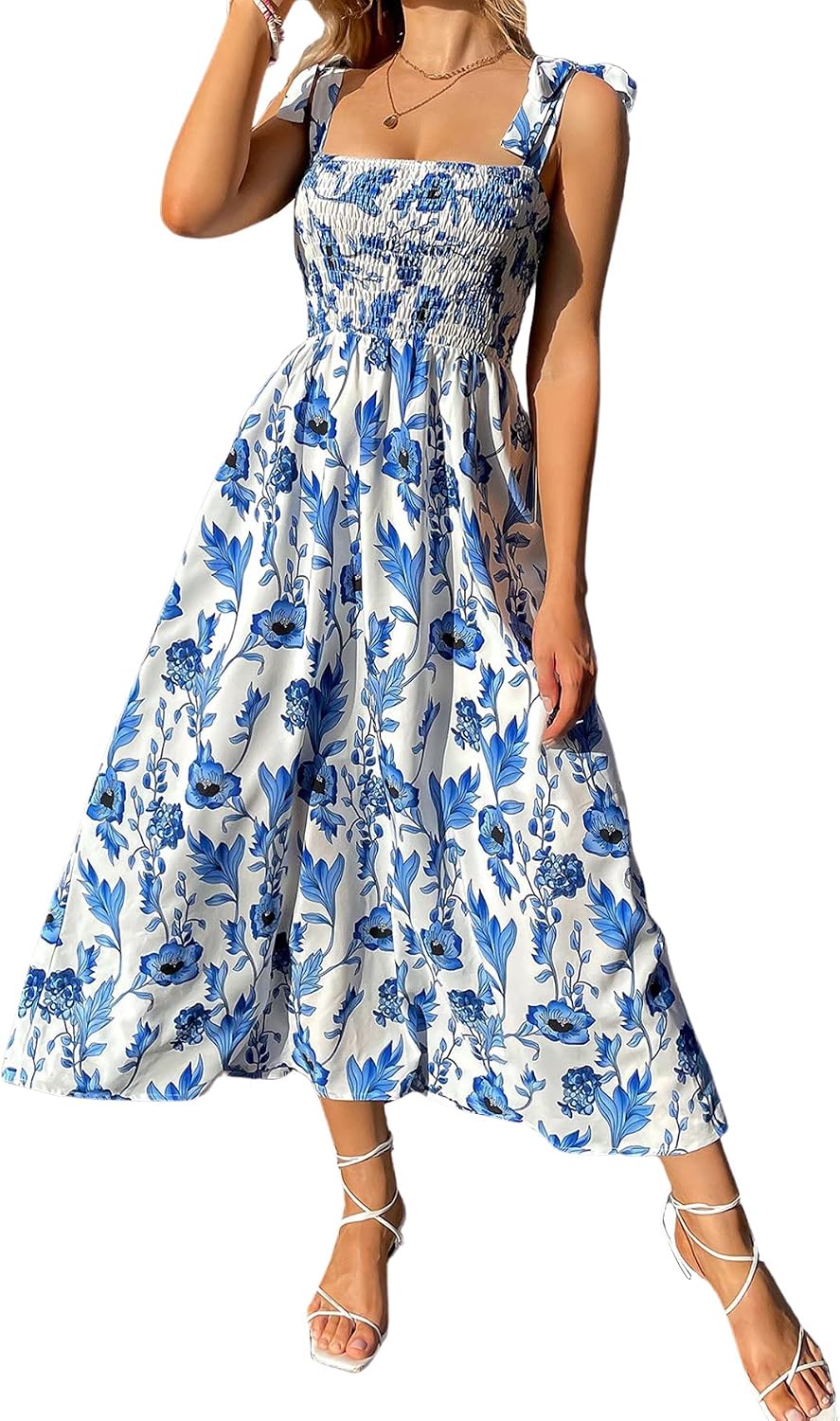 Romwe Women's Boho Floral Print Tie Straps Shirred Summer Cami Maxi Dress  Blue and White XS at Amazon Women's Clothing store
