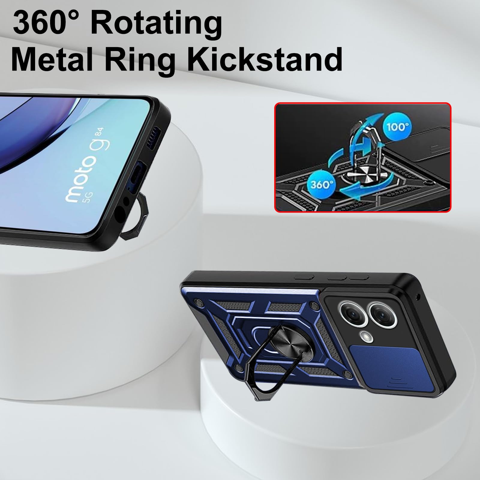 Cover Per Motorola Moto G84 Con Sportellino Fotocamera E Anello Magnetico - Custodia Militare Antiurto TPU+PC Con Supporto Girevole E Piastra Per Supporto Auto (Blu)