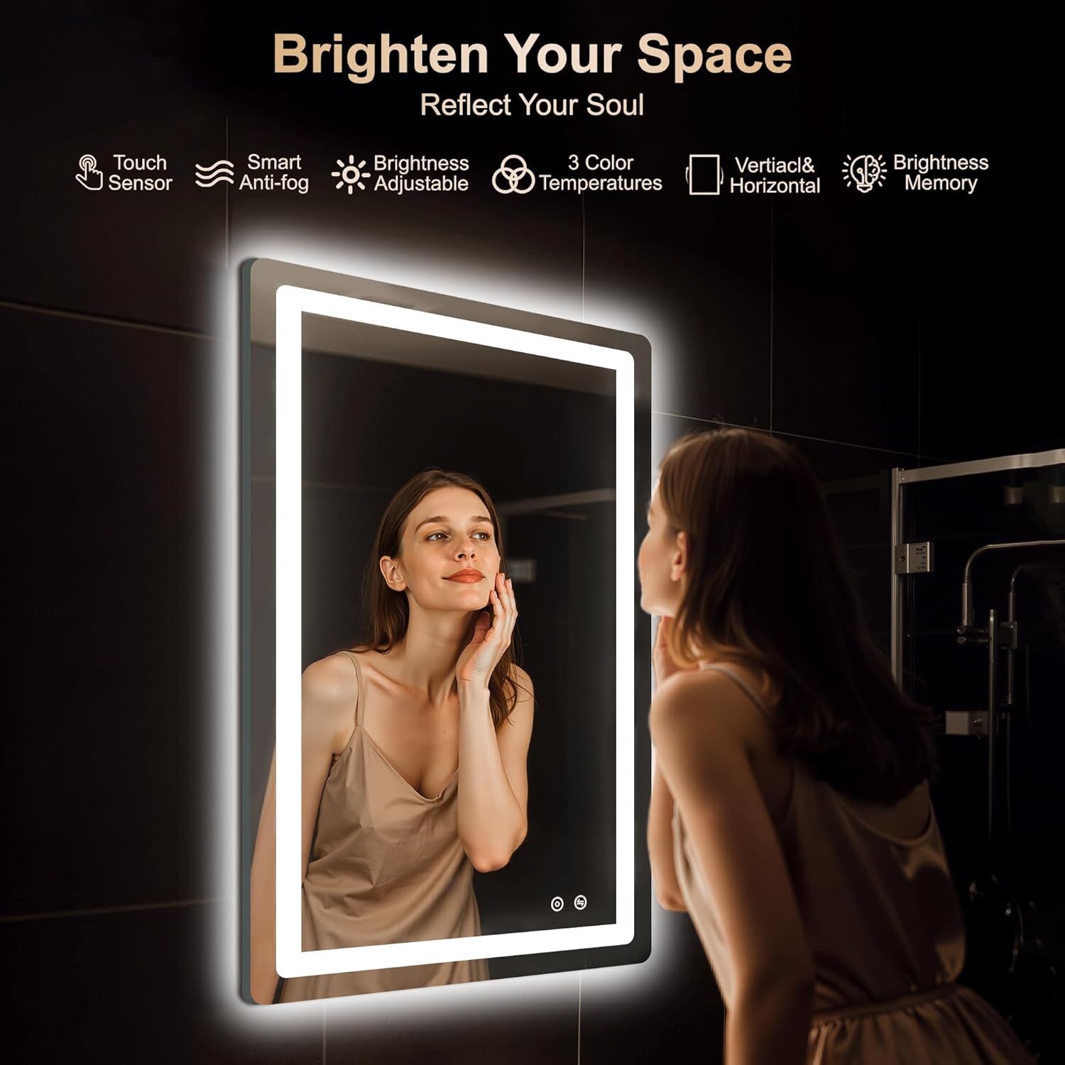 delma led bathroom mirror with lights, 36x24 vanity mirror for bathroom wall, anti-fog, dimmable, front lit & backlit, memory function, shatterproof tempered glass, 3 color modes(horizontal/vertical) 3 light modes 36"l x 24"w