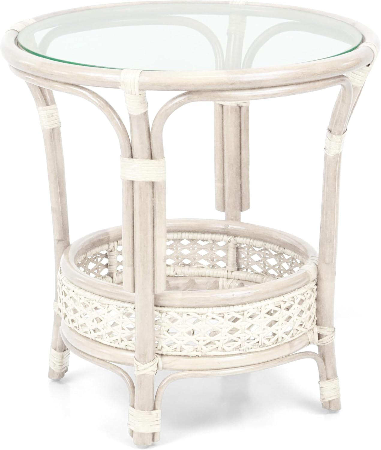 Pelangi Coffee Round Table Natural Rattan Wicker with Glass Top Handmade, White Color