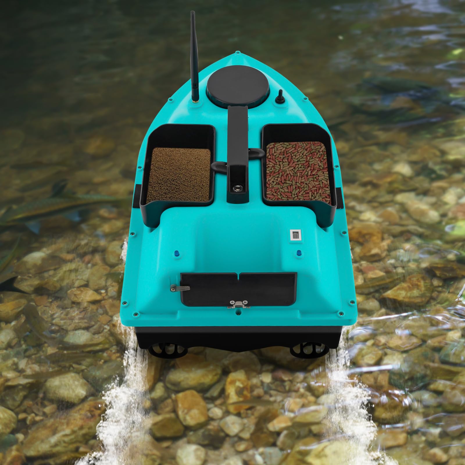 Barco de pesca con mando a distancia para pesca, 2 baterías de iones de litio, luces LED nocturnas de 1,8 m/s, velocidad de 600 m, alcance de 2 kg, capacidad de carga (azul)