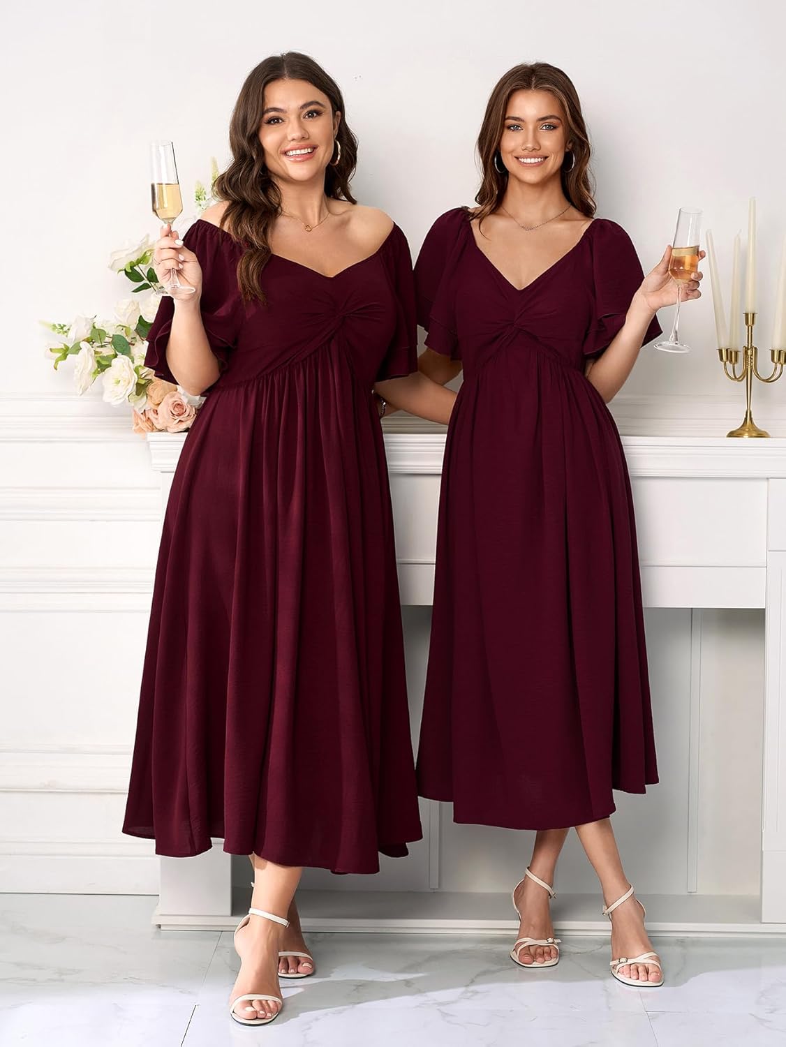SCOMCHIC Women's Plus Size Wedding Guest Cocktail Dresses Sweetheart Neckline Ruffle Sleeve A Line Maxi Dress