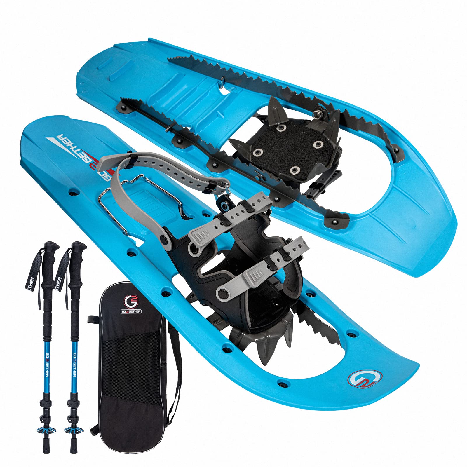 G2 23/25/30 Inch Mountain Terrain Snowshoes with Trekking Poles Set, Special Steel Traction Rails, EVA Foam Padded, Flexible Pivot Bar, Tote Bag, Grey/Blue/Red Available