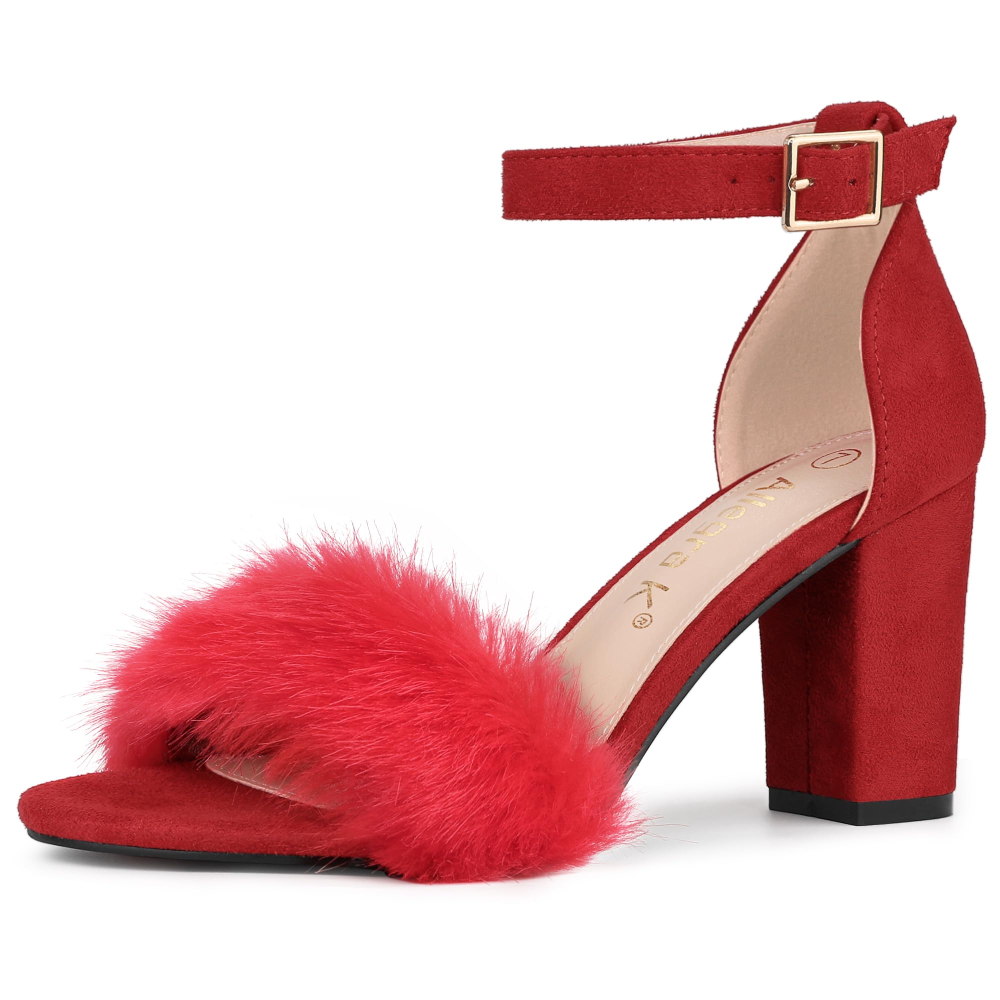 Allegra K Women's Faux Fur Ankle Strap Block Heels Sandals