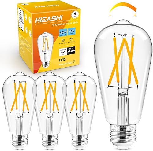 Miniatura 26 de Hizashi Bombilla LED Edison Vintage Regulable, 6W Equivalente a 60W, 3000K Blanco Suave, Bombillas LED Base E26, 700LM, Certificado UL, Alto CRI 95+