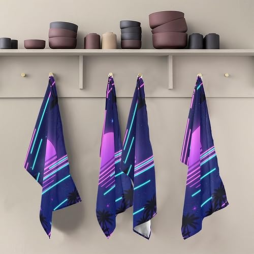 Miniatura 5 de Retro Neon Purple Gradient Sun Kitchen Hand Towels, 28x18 Bulk Cooking Towel, Set of 4