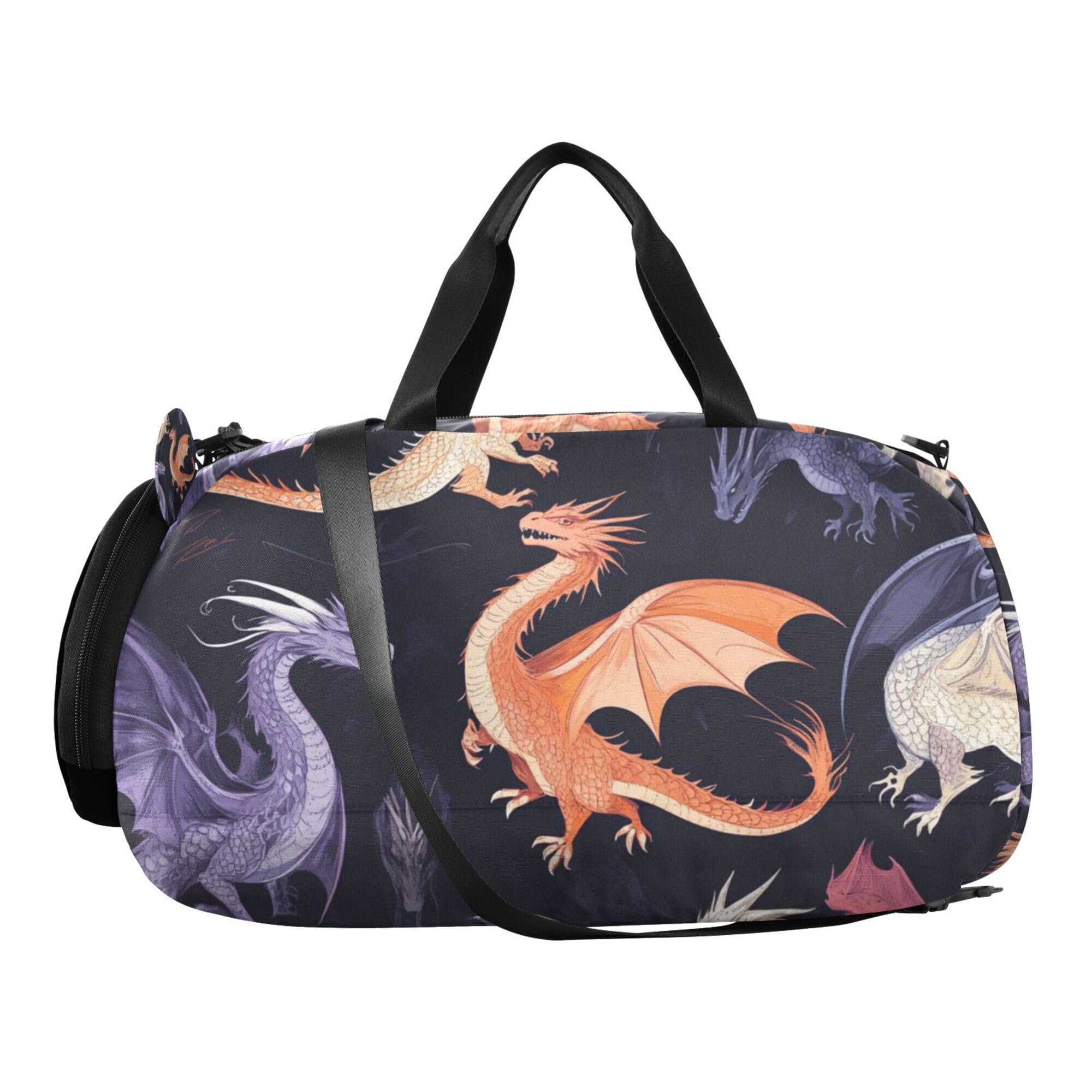 Glaphy Cartoon Dragons Duffle Bag for Toddler Boys Girls, Gym Sports Bag with Shoe Compartments, Kids Travel Overnight Weekender Shoulder Bag