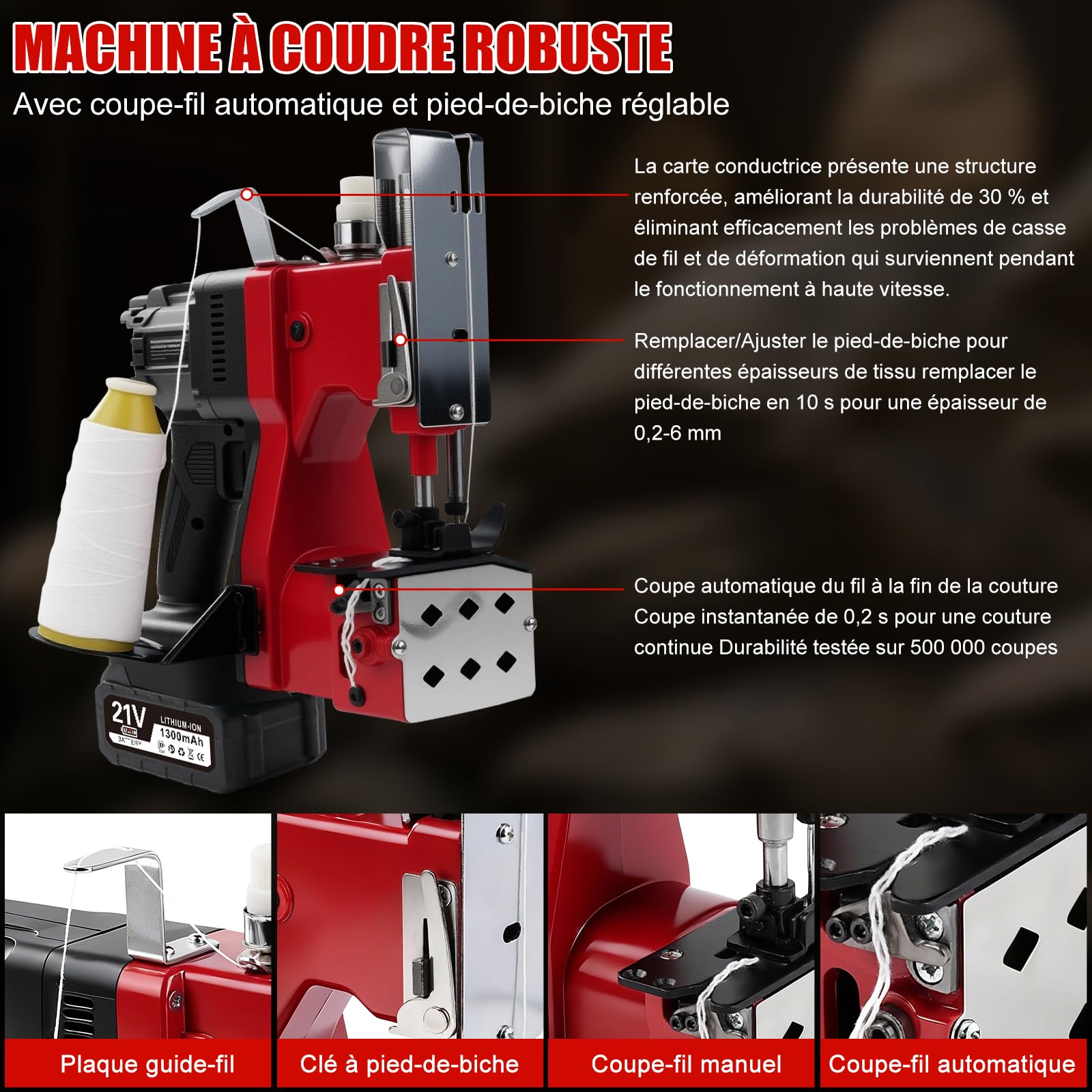 Machine à Coudre Électrique pour Sacs, 21V Machine de Fermeture de Sac avec 2 Batteries 1300mAh, 210W Portable Sac Machine à Coudre Sans Fil, Épaisseur 0,2-10 mm, pour Sacs en Tissu, à Sable, en Jute