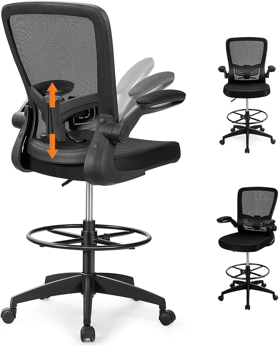 Giantex Drafting Chair High Back Office Chairs with Footrest Ring Flip-Up Armrest Height Adjustable Executive Desk Chair Ergonomic Mesh Computer Task Chair Lumbar Support Tall Office Chair (1, Black)