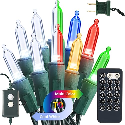 Brizled Luces de Navidad, 33 pies, 100 luces LED que cambian de color para árbol de Navidad conectables con control remoto, 12 modos de luces de