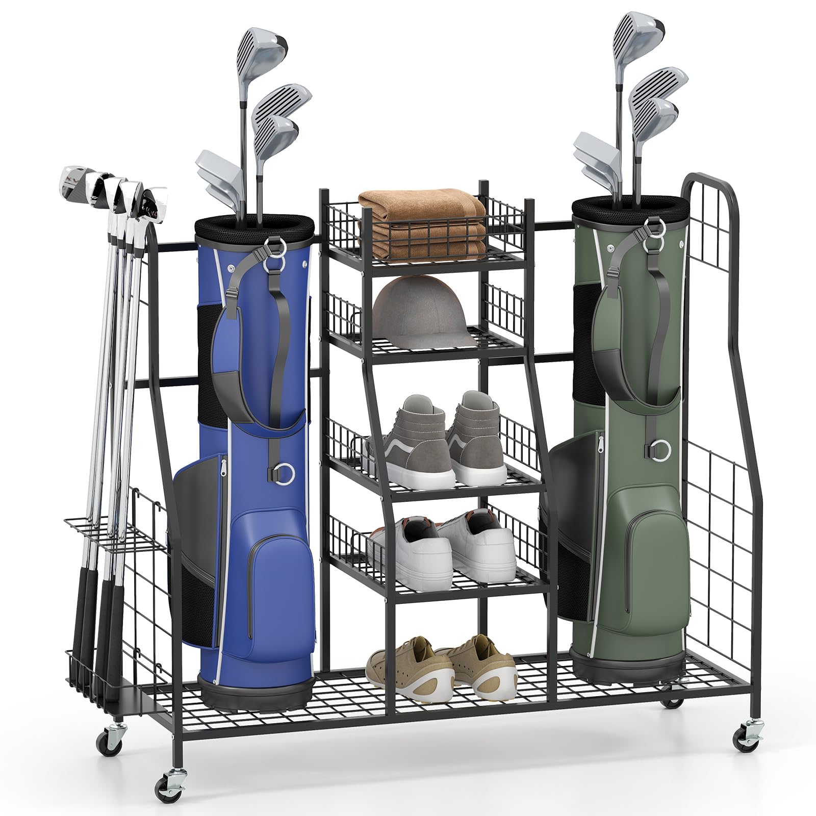 COSTWAY Organizer per Borse da Golf, Carrello per Sacca da Golf con Supporti Rimovibili, Cesta in Rete, Scaffali Aperti, Vassoio e Ruote, Organizzatore Salvaspazio in Metallo per Casa e Garage