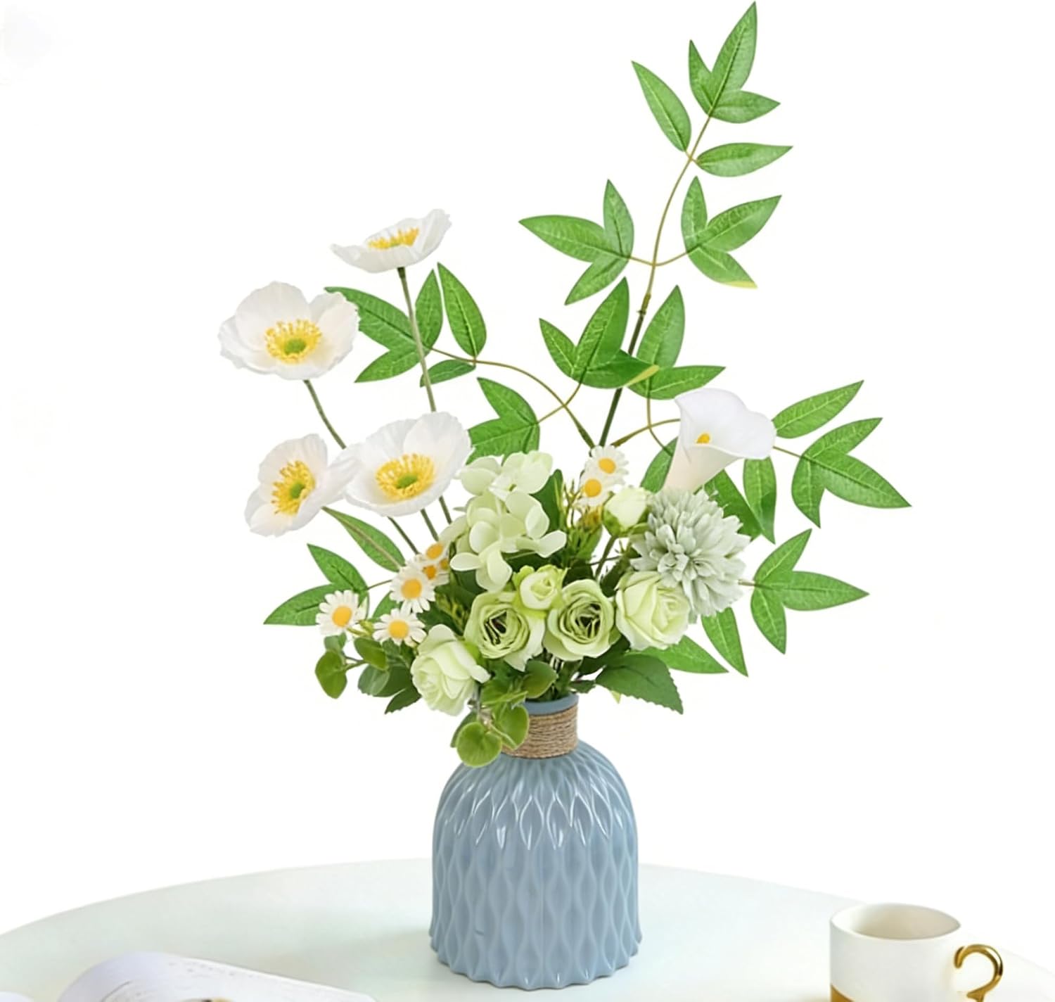 Artificial Flowers with Vase Flower Bouquet Modern Farmhouse Silk Faux Floral Flowers & Plants Arrangements for Home Decor Indoor Dining Room Coffee Table Desk Flora Centerpiece (Green)