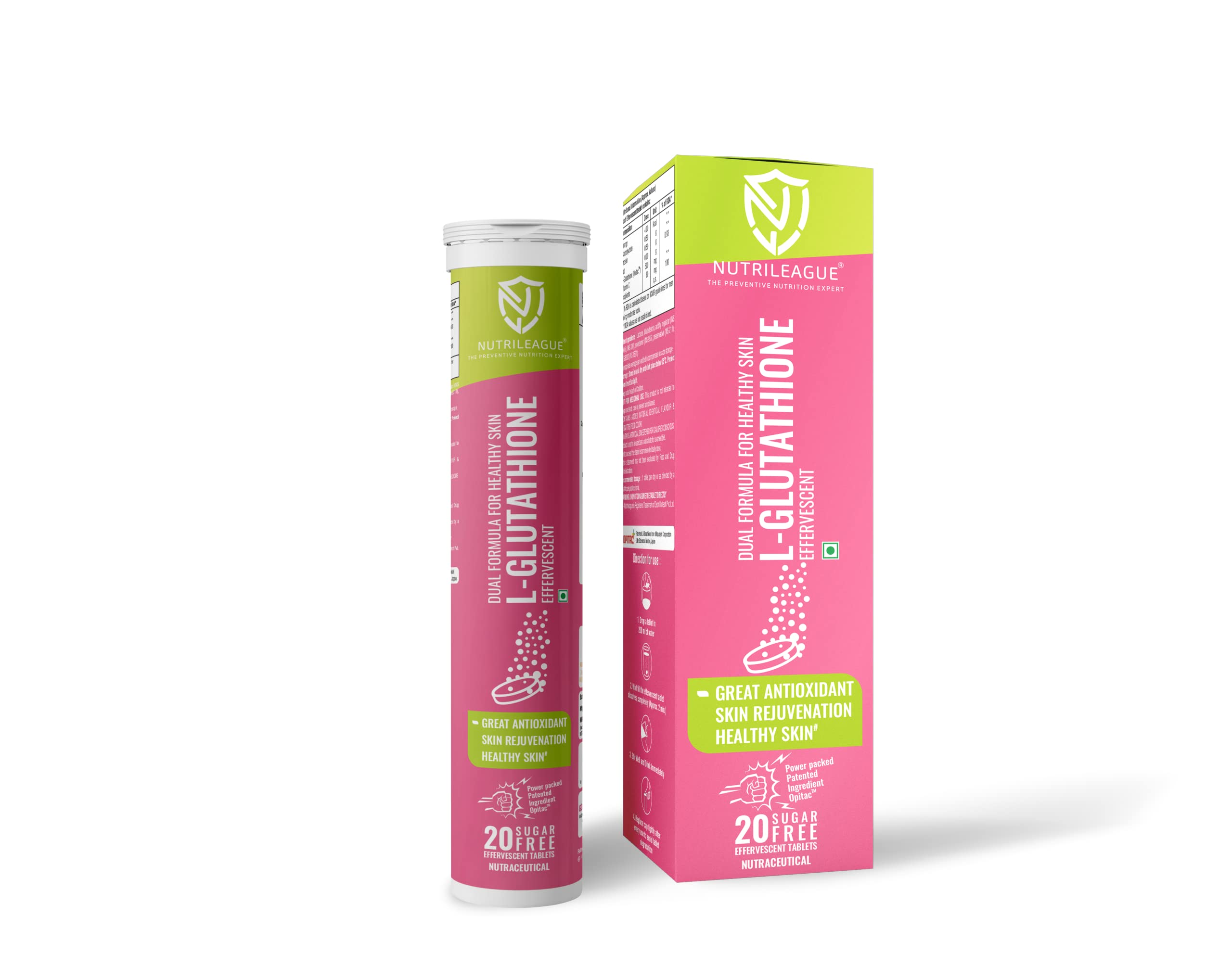L - Glutathione (Opitac- A Patented L-glutathione) Effervescent Tablet with vitamin C For Men & Women | Dual Formula With Better Bioavailability | Pack of 20 | Best Skin Rejuvination | Power Antioxidant & Skin Whitning Formula | Your Pathway to Ageless Beauty (Nutrileague Now in India) (Pack Of 1)