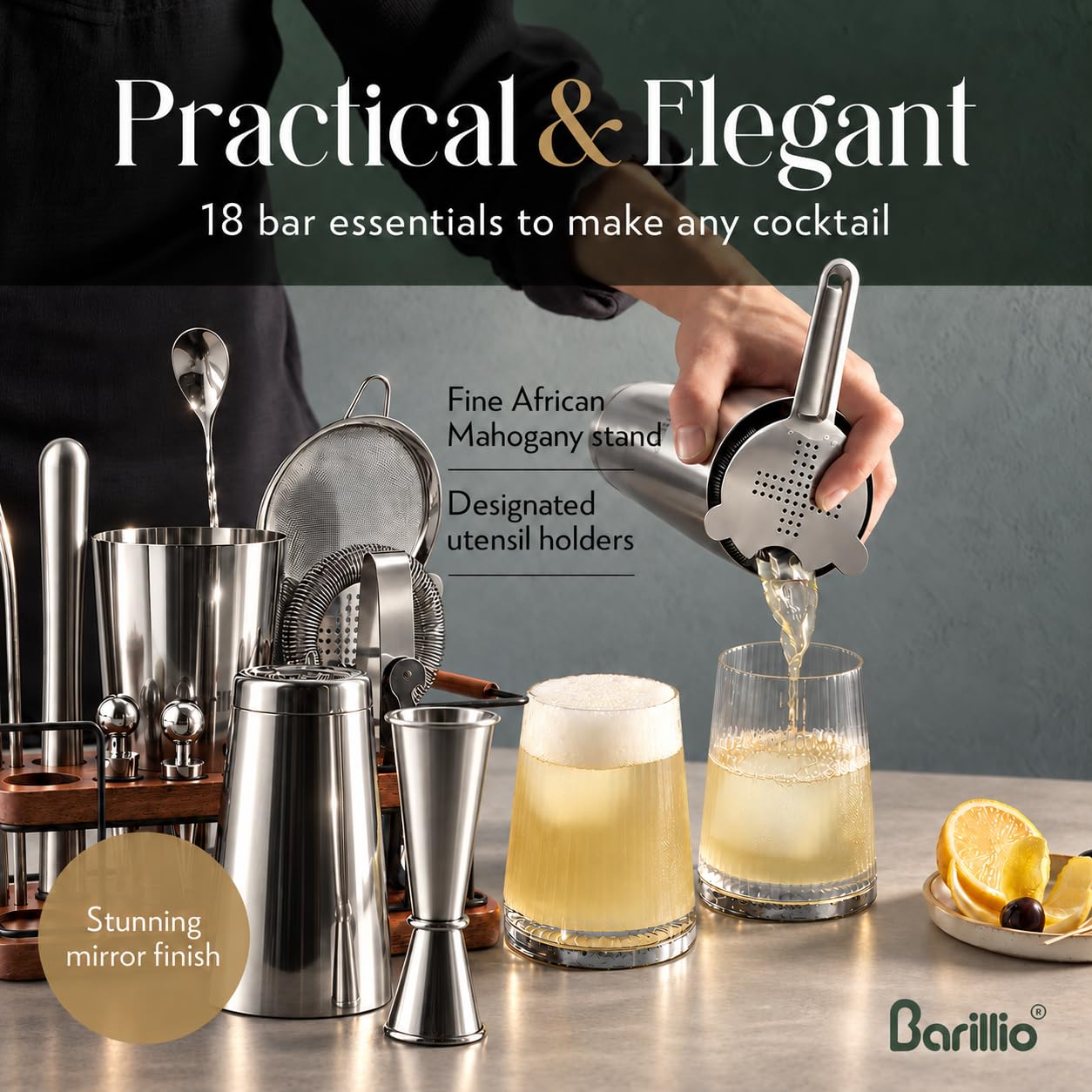 Barillio Bartender Kit – 23-Piece Stainless-Steel Cocktail Shaker Set with Premium African Mahogany Stand | Martini Barware Mixing Tools for Home Bartending | Gift Set — Amazon image 5