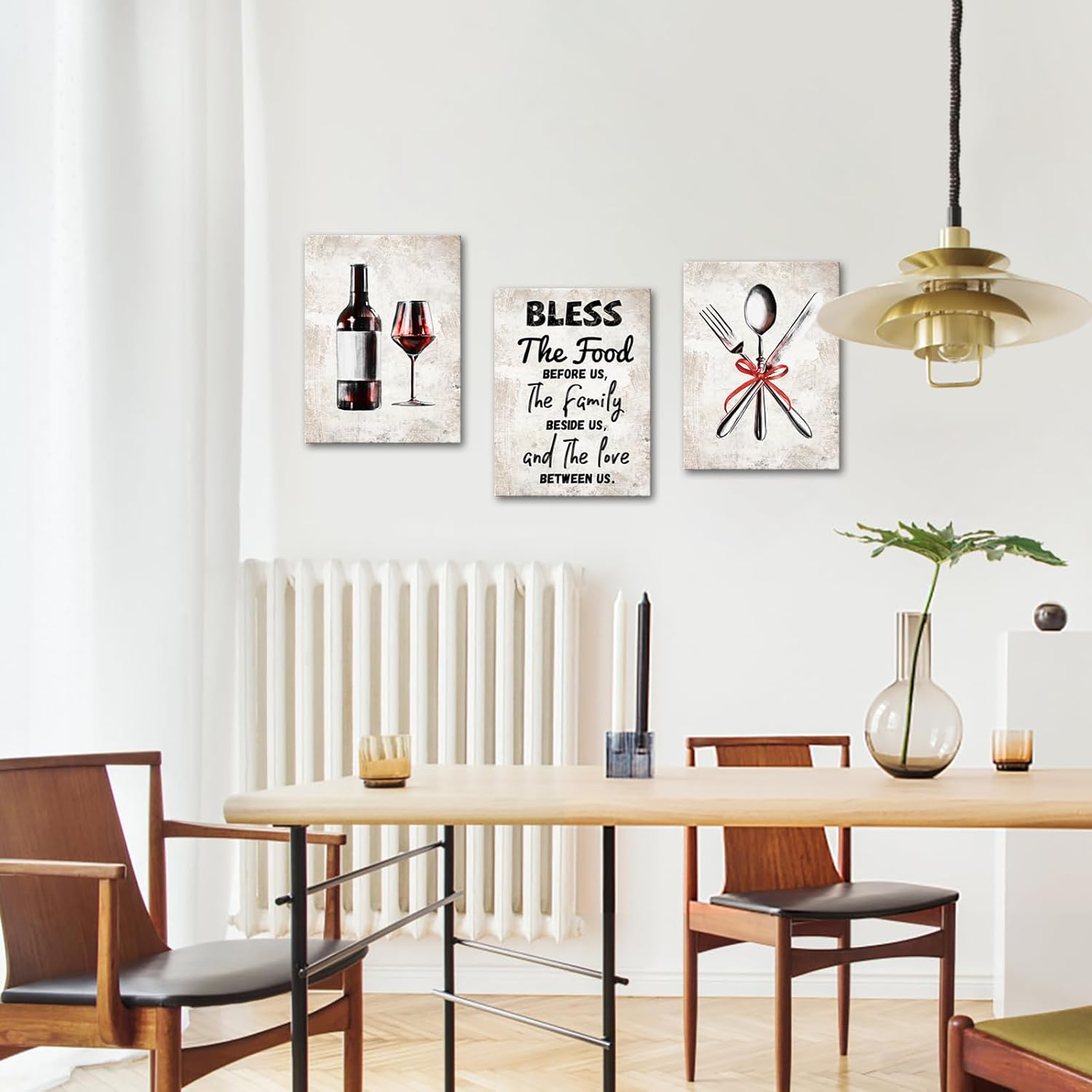 KREATIVE ARTS 3 Pieces Kitchen Canvas Wall Art Bless the Food Wooden Framed Canvas Quotes Pictures Vintage Knives and Forks Red Wine Glasses Giclee Prints for Dining Room