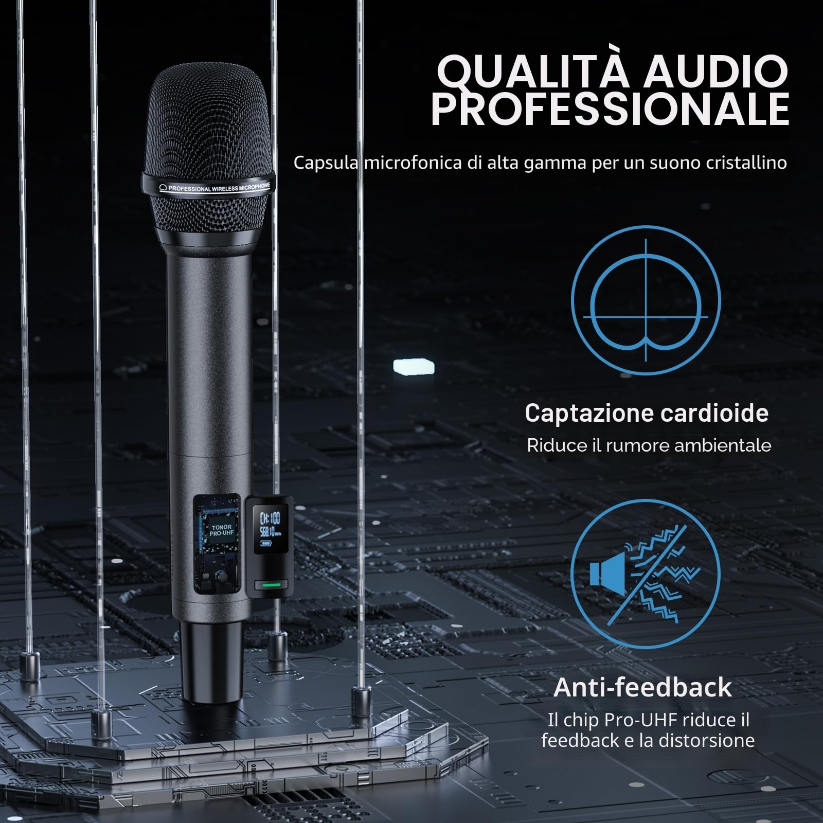TONOR Sistema Microfono Wireless, Microfono Ricaricabile Professionale, Microfono Dinamico Cordless in Metallo 2x100 UHF per Karaoke, Chiesa, Canto, Matrimonio, Riunione, DJ, Auto Scan, 80 M,TW550