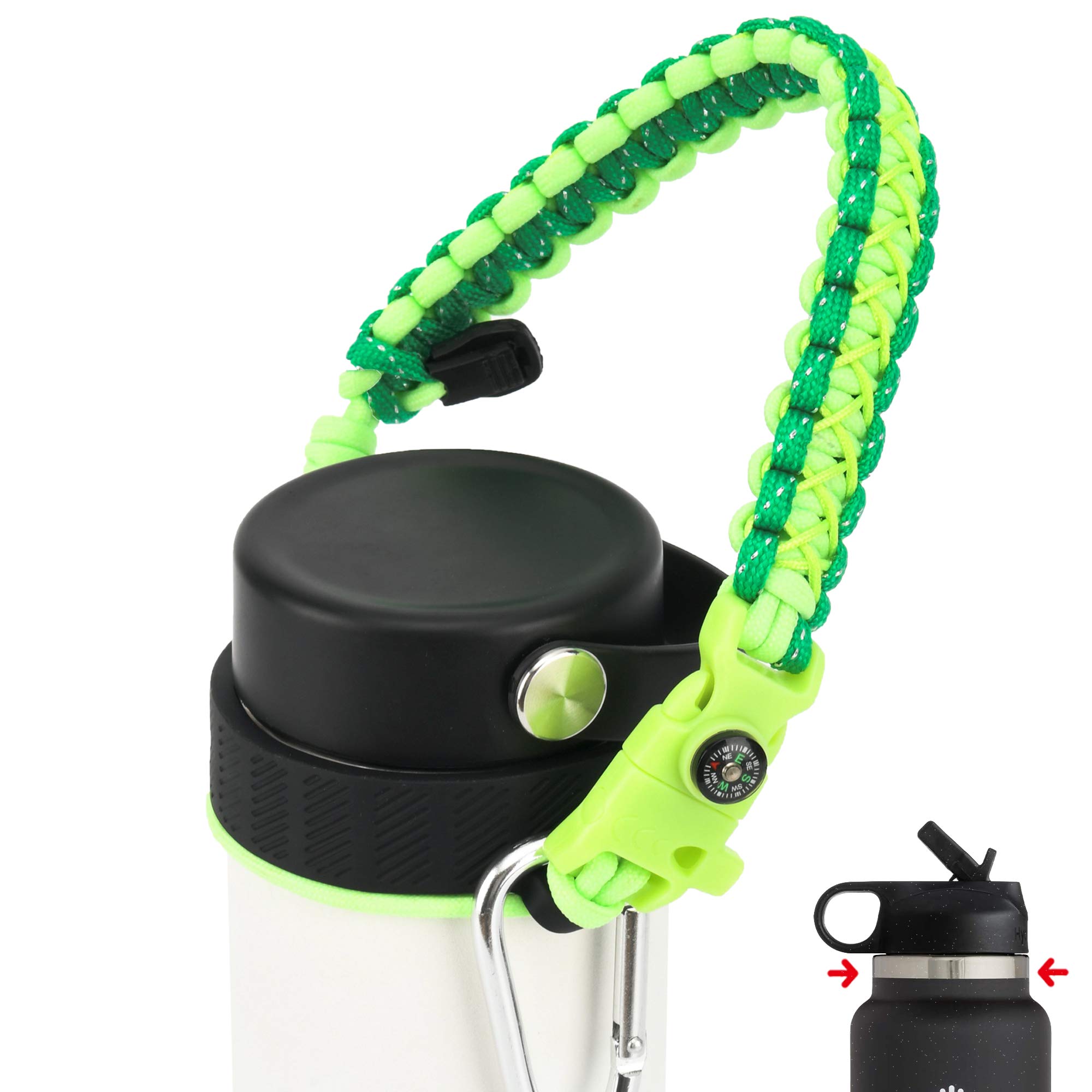 QeeCord 2.0 Paracord Handle for Hydroflask 2.0 Wide & Standard Mouth Water Bottles Strap Carrier with New Safety Ring Holder, 12oz - 64oz