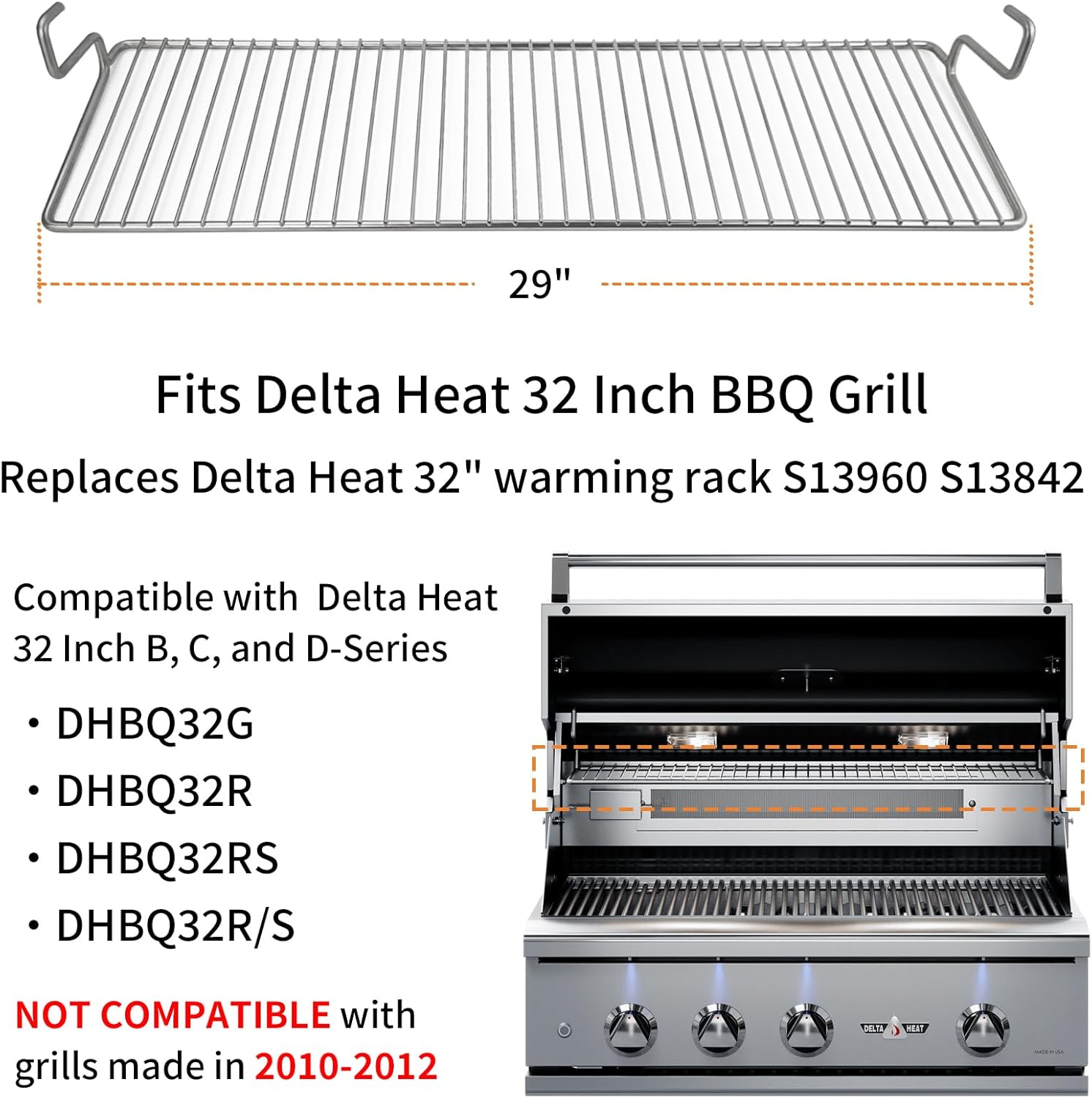 S13960 Grill Warming Rack Replacement Parts for Delta Heat 32 Inch BBQ Grill 304 Stainless Steel Grill Top Rack for Delta Heat 32 Inch Grill