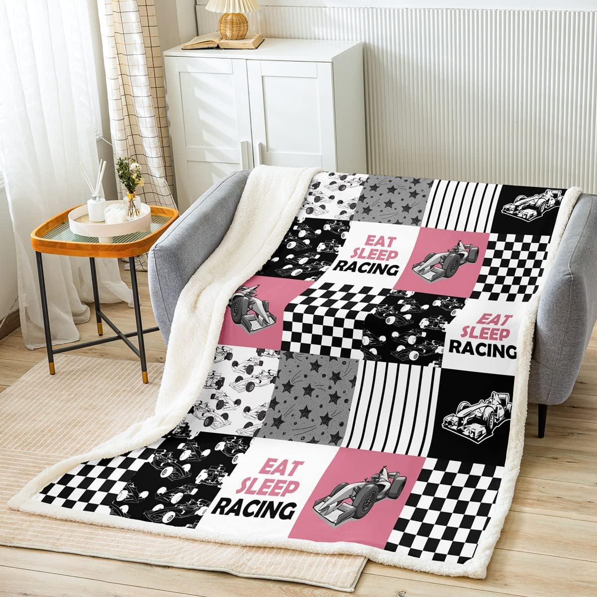 Erosebridal Pink Race Car Throw Blanket - Racing Cool Speed Fleece for Girls Youth, Extreme Car Sports Fuzzy Throw Size, Race Checkered Patchwork Theme Sherpa for Bed Couch Sofa