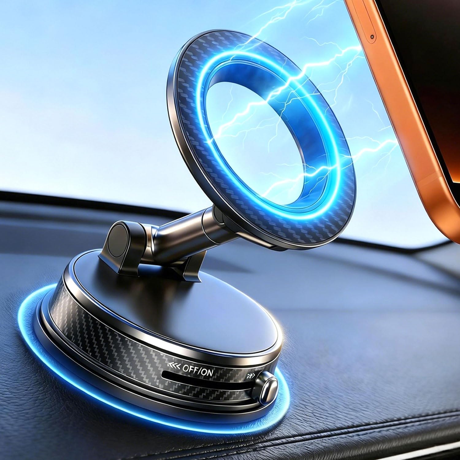 Uprosdik Black Magnetic Phone Holder for Car, Vacuum Suction & 3000gf Magnet, 360° Adjustable Dashboard Mount, Compatible with iPhone & Android