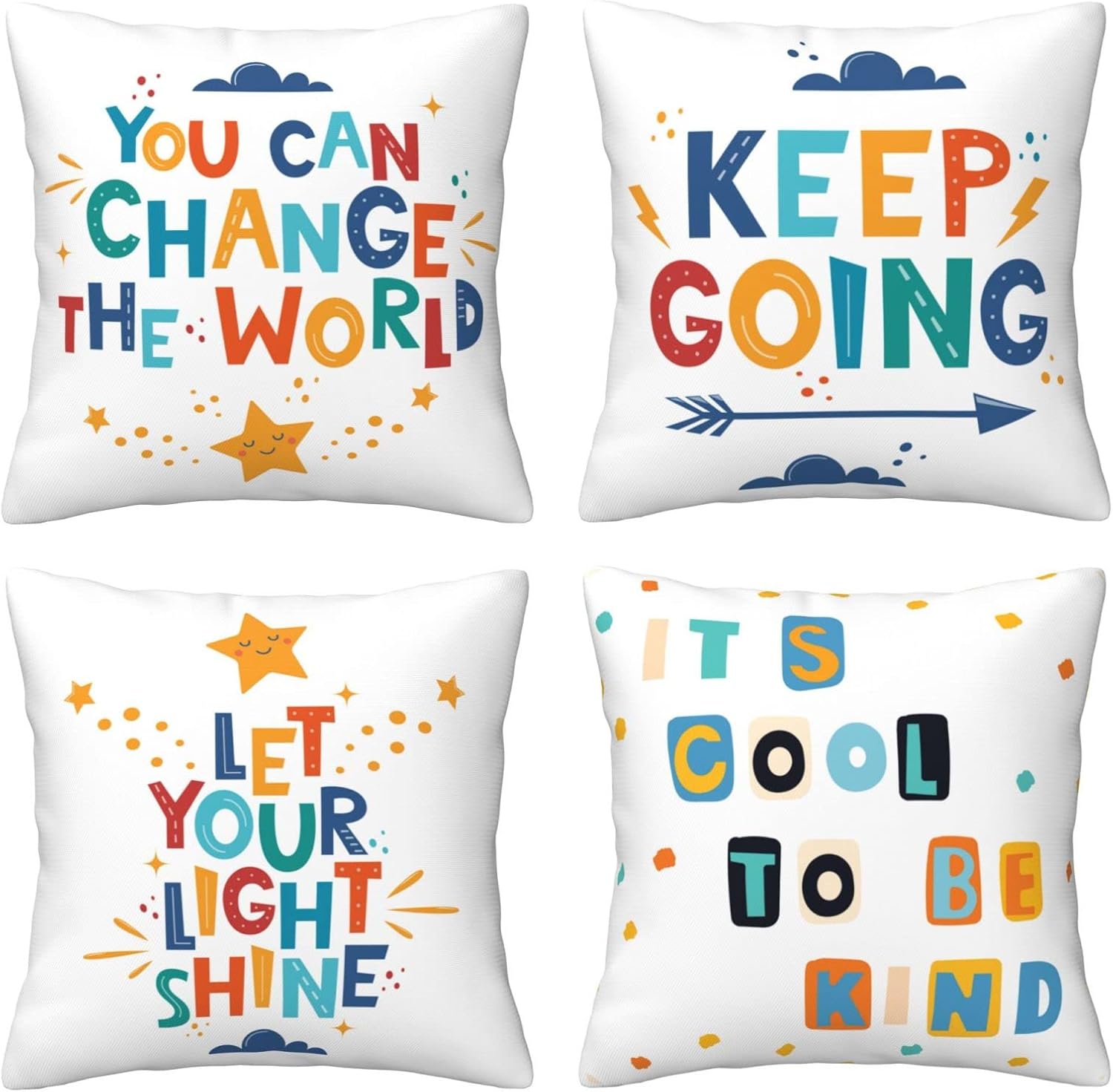 Classroom Throw Pillow Covers 18x18 inch Set of 4 Motivation Inspiration Quotes Pillow Cases Children Reading Decorative Cushion Covers for Kids Boys Girls